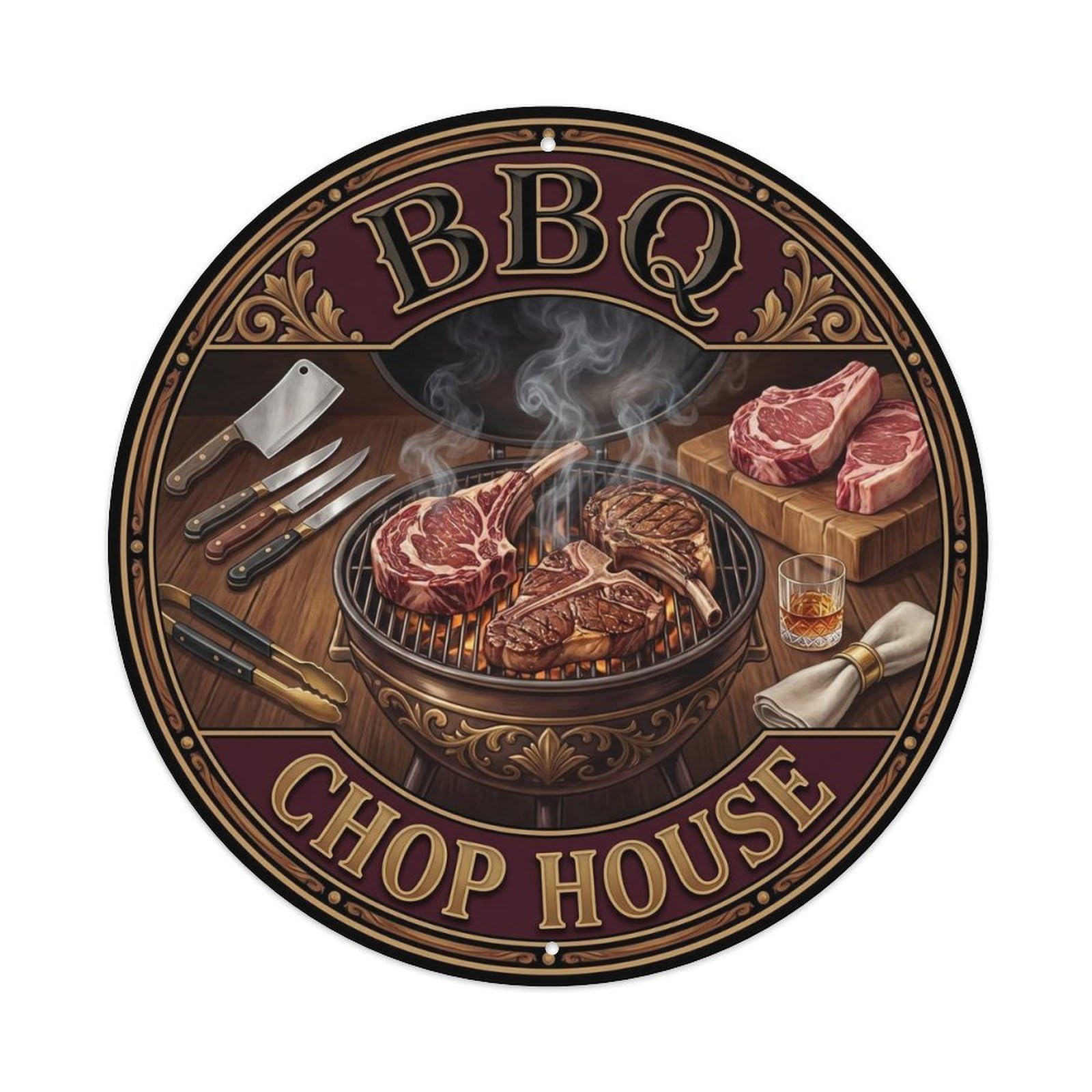 BBQ Barbecue Chop House Vintage Metal Tin Sign Plaque Wall Decor for Cafe, Club, Garden Round Metal Poster 8x8Inch