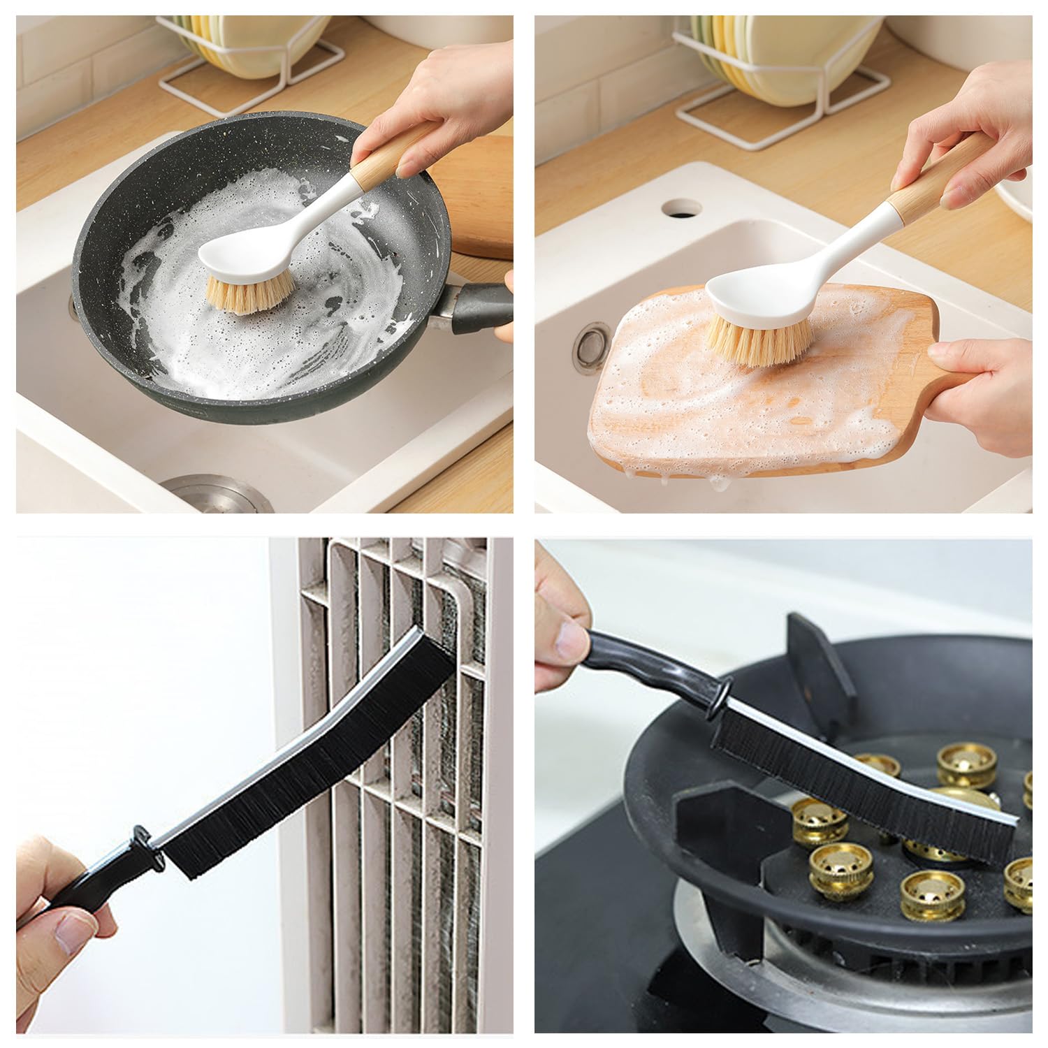 Kitchen Brush Set for Cleaning Dish, Pot, Pan, Sink and Stove, 4 Pcs 3 Kind of Different Scrubber Include 2 Pcs Crevice Brush, Great Cleaning Tools for Cook