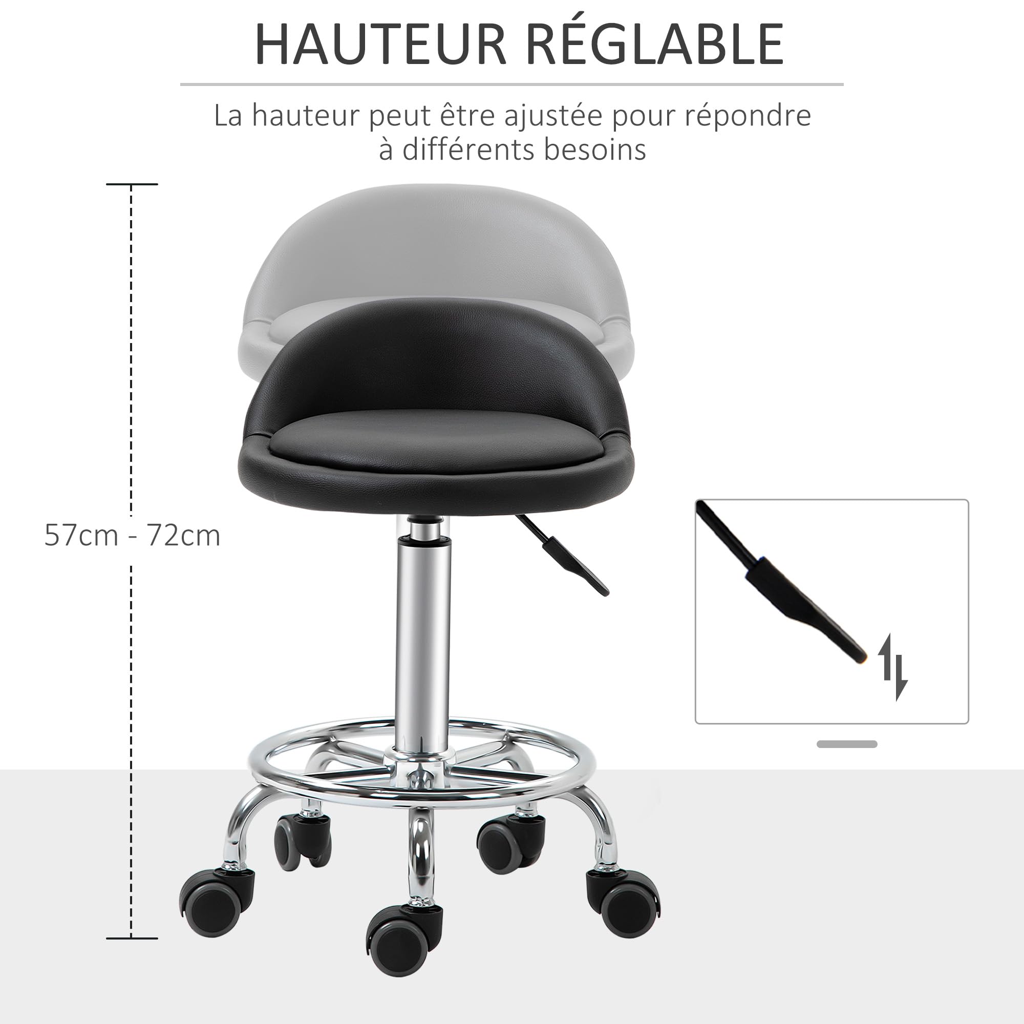 HOMCOM Lot de 2 tabourets à Roulette pivotants 360°, Dossier, Noir | Assise réglable 47-62H cm, revêtement synthétique, acier chromé
