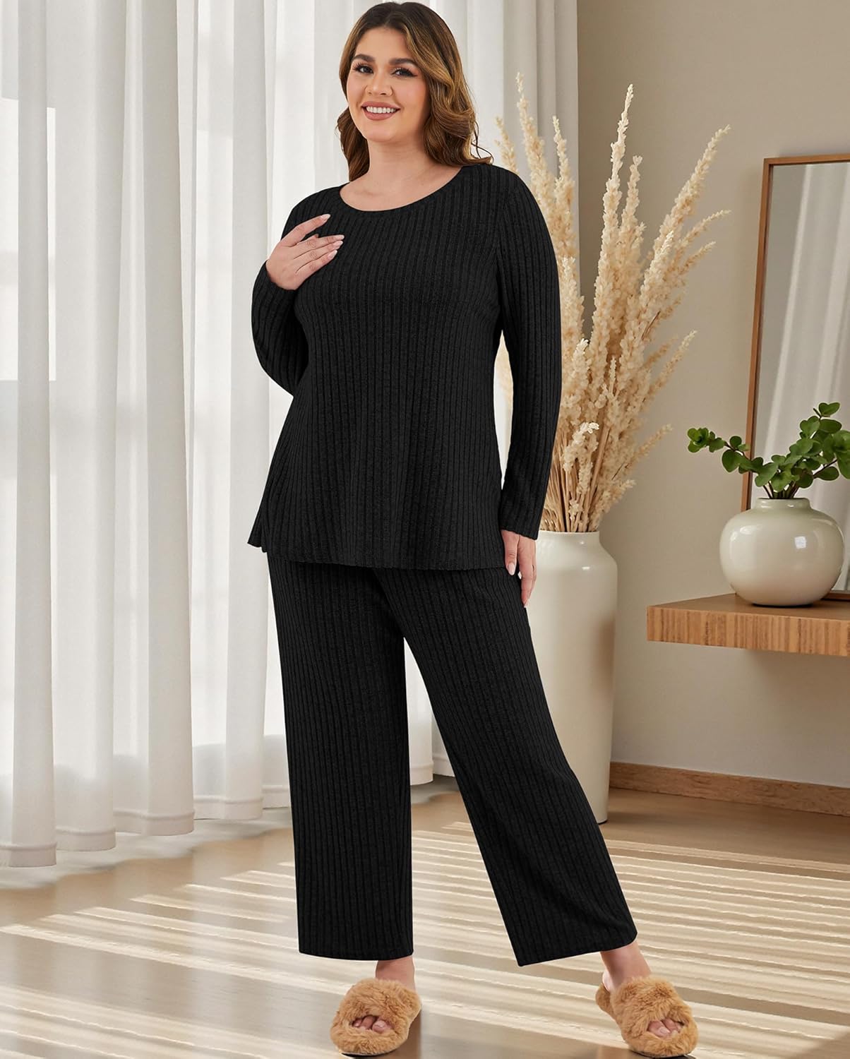 Womens Plus Size Lounge Pajamas 2 Piece Pj Sets Soft Long Sleeve Ribbed Tops Wide Leg Pants with Pockets - Image 3