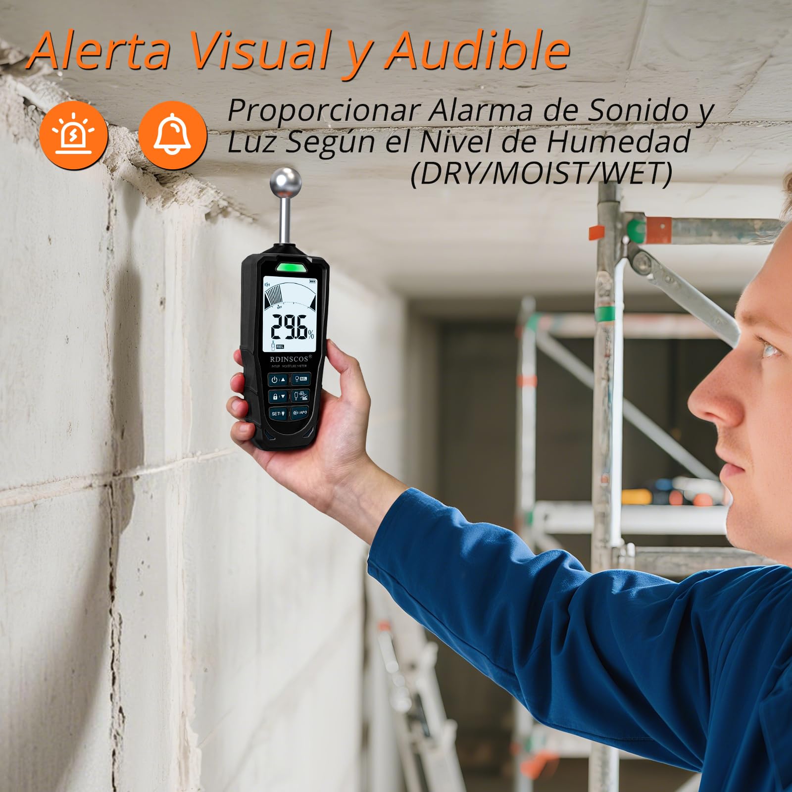 RDINSCOS Medidor de Humedad con Pin & sin Pin,Medidor de Humedad Pared con Pantalla LCD y Alarma Audible para Paredes, Madera