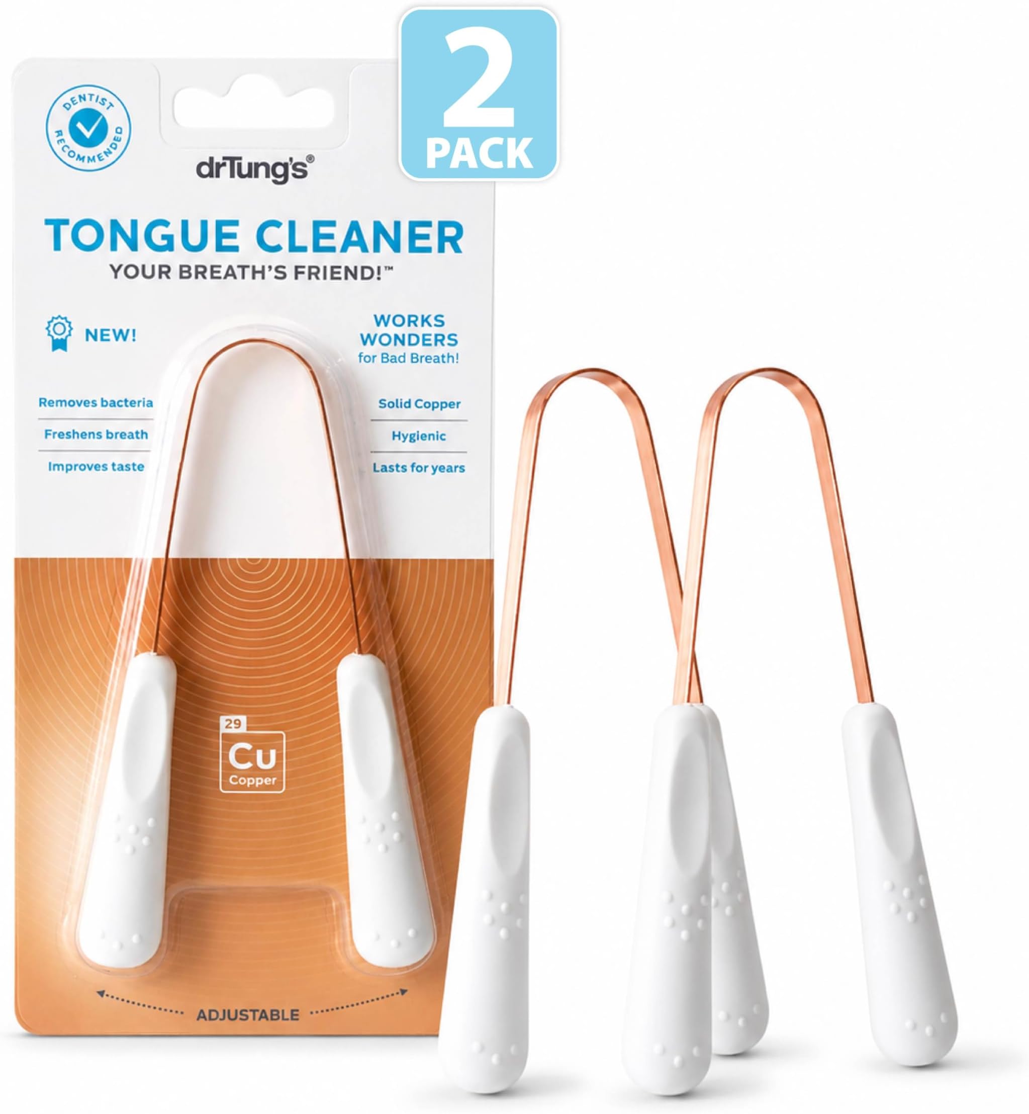 drTung's Copper Tongue Scraper for Adults & Kids - Metal Tongue Scraper & Cleaner, Solid Copper, Freshens Breath, Oral Health & Hygiene Care, Easy-to-Use Comfort Grip Handle, Travel Friendly - 2 Pack