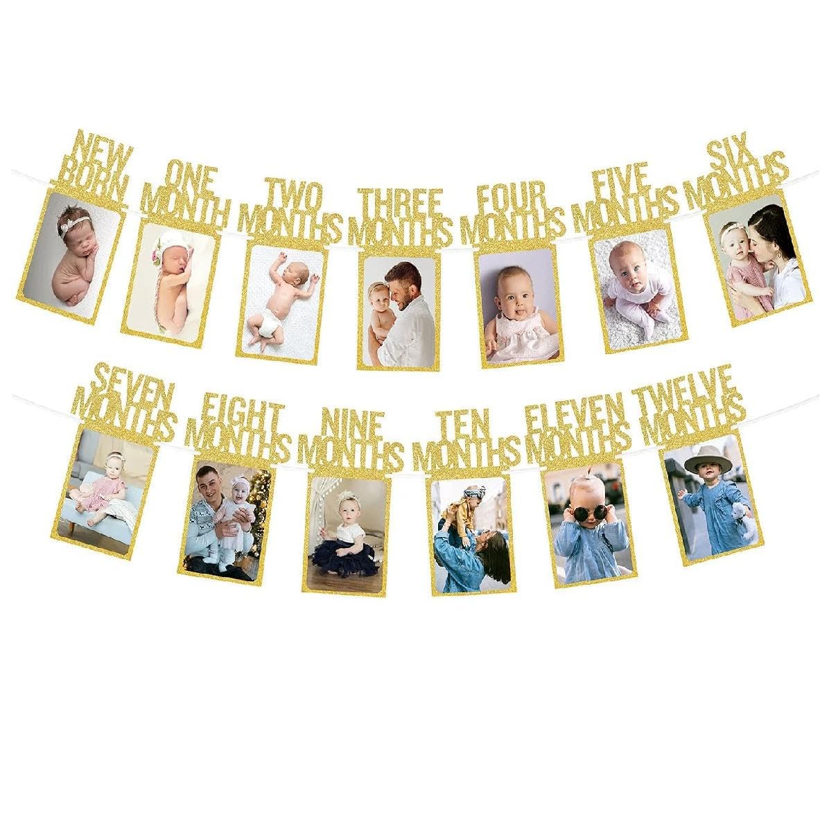 1st Birthday Photo Banner for Baby from Newborn to 12 Months, First Birthday Banner Decorations for Boys or Girls,Gold Pre-Strung Monthly Milestones Photo with Frame