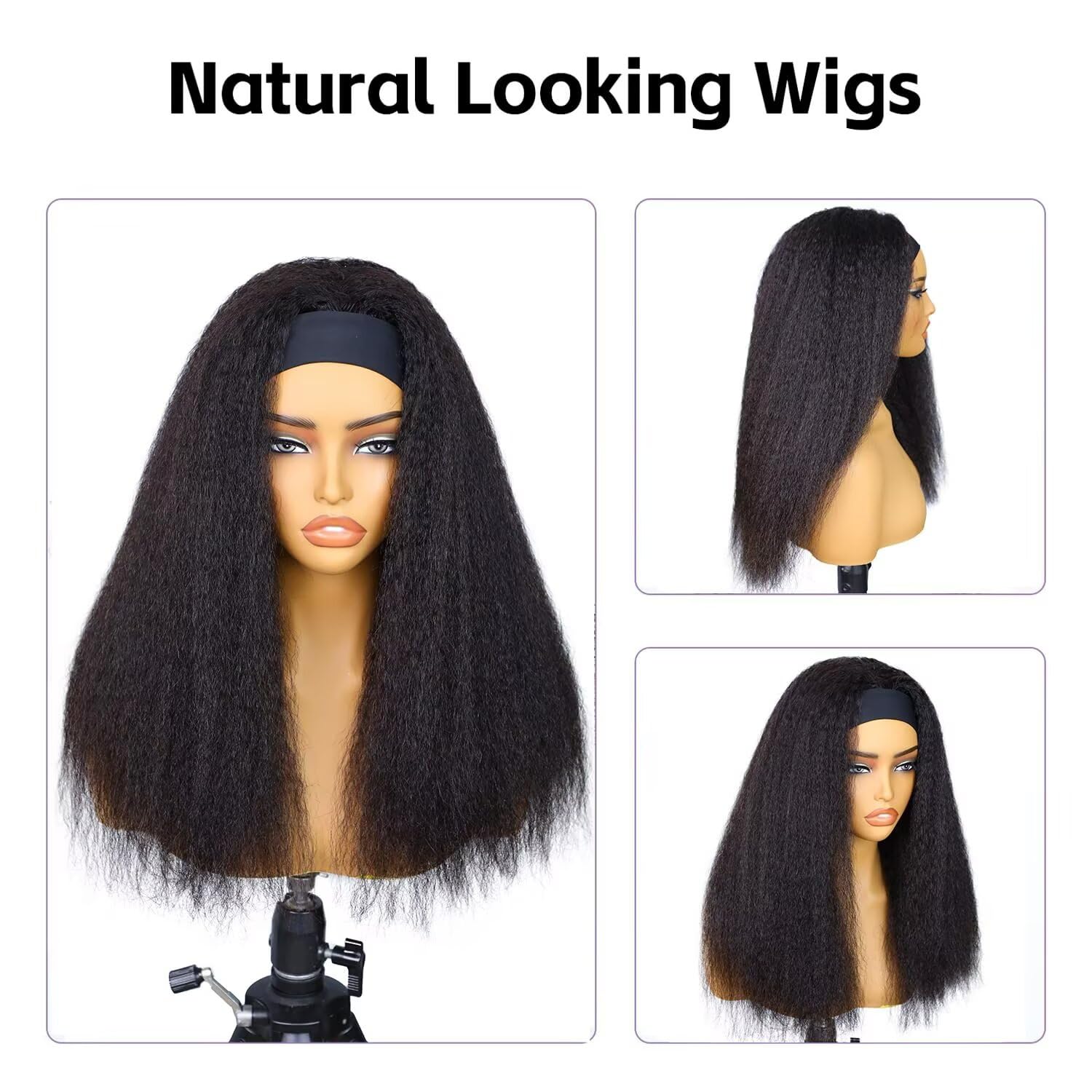 Headband Wigs Human Hair Kinky Straight Glueless Wig Headband 100% Real Brazilian Human Hair Wig With Headband Attached kinky Half Wig For Women 22 Inch - Image 3
