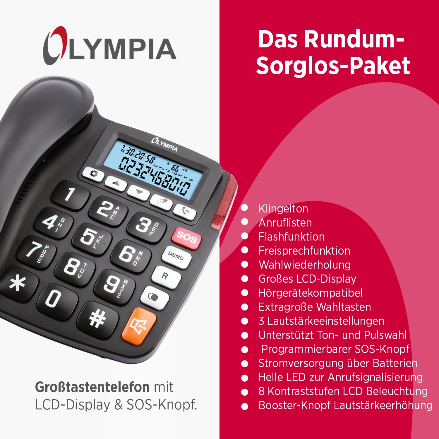 OLYMPIA 4520 Telefono fisso a filo per anziani, con tasti grandi, tasti SOS e vivavoce, Nero