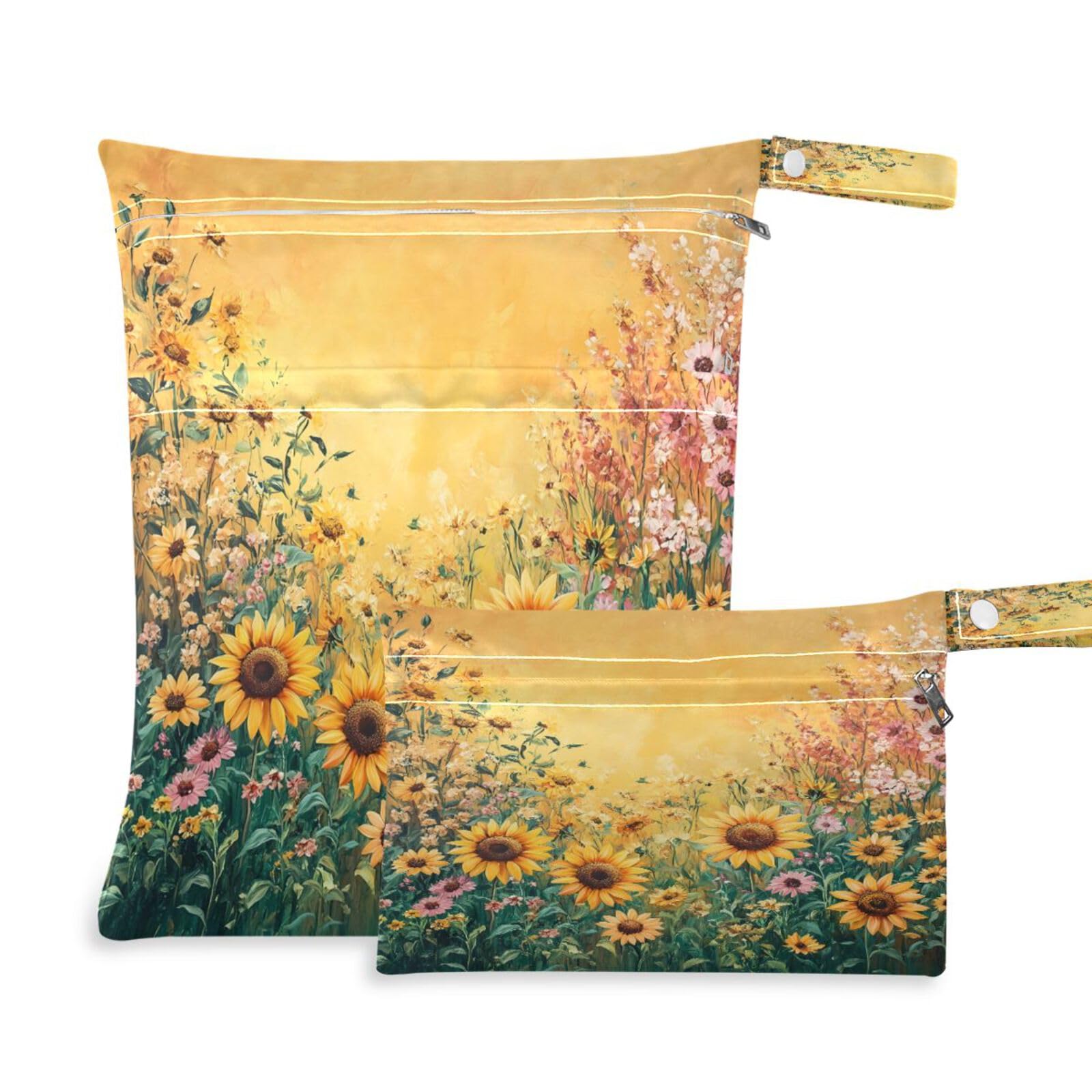 ATTX Whimsical Garden Sunflowers Wet Dry Bags 2-Pack - Reusable Cloth Diaper Storage for Travel, Beach & Gym | Multi-Use Waterproof Bags for Swimsuits, Baby Clothes, Sports Gear#346