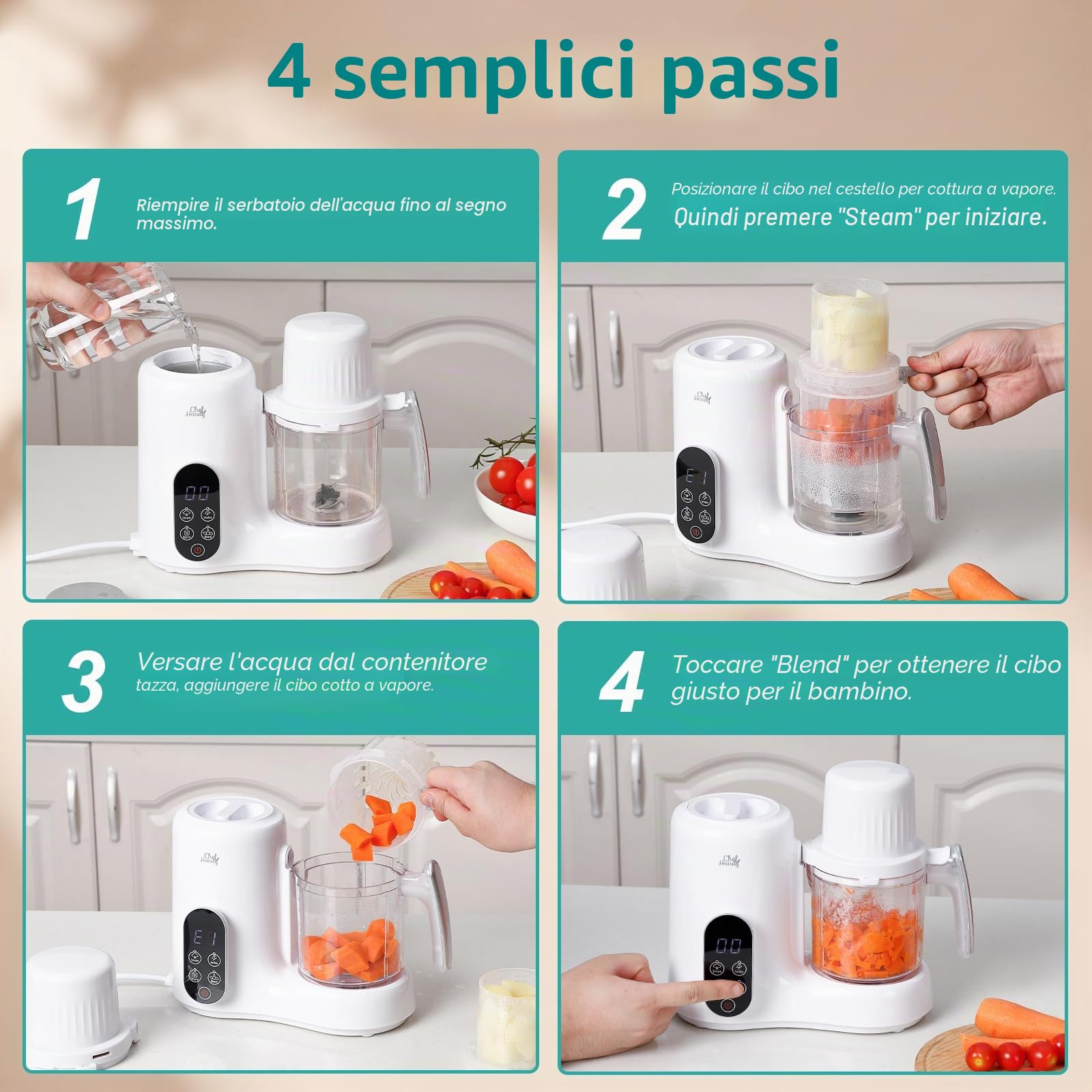 Chefhandy Preparatore 5 in 1 per Alimenti e Porridge per Bambini con Vaporizzatore, Cestello a Vapore, Miscelatore Automatico, Scaldabiberon, Schermo Touch Bianco