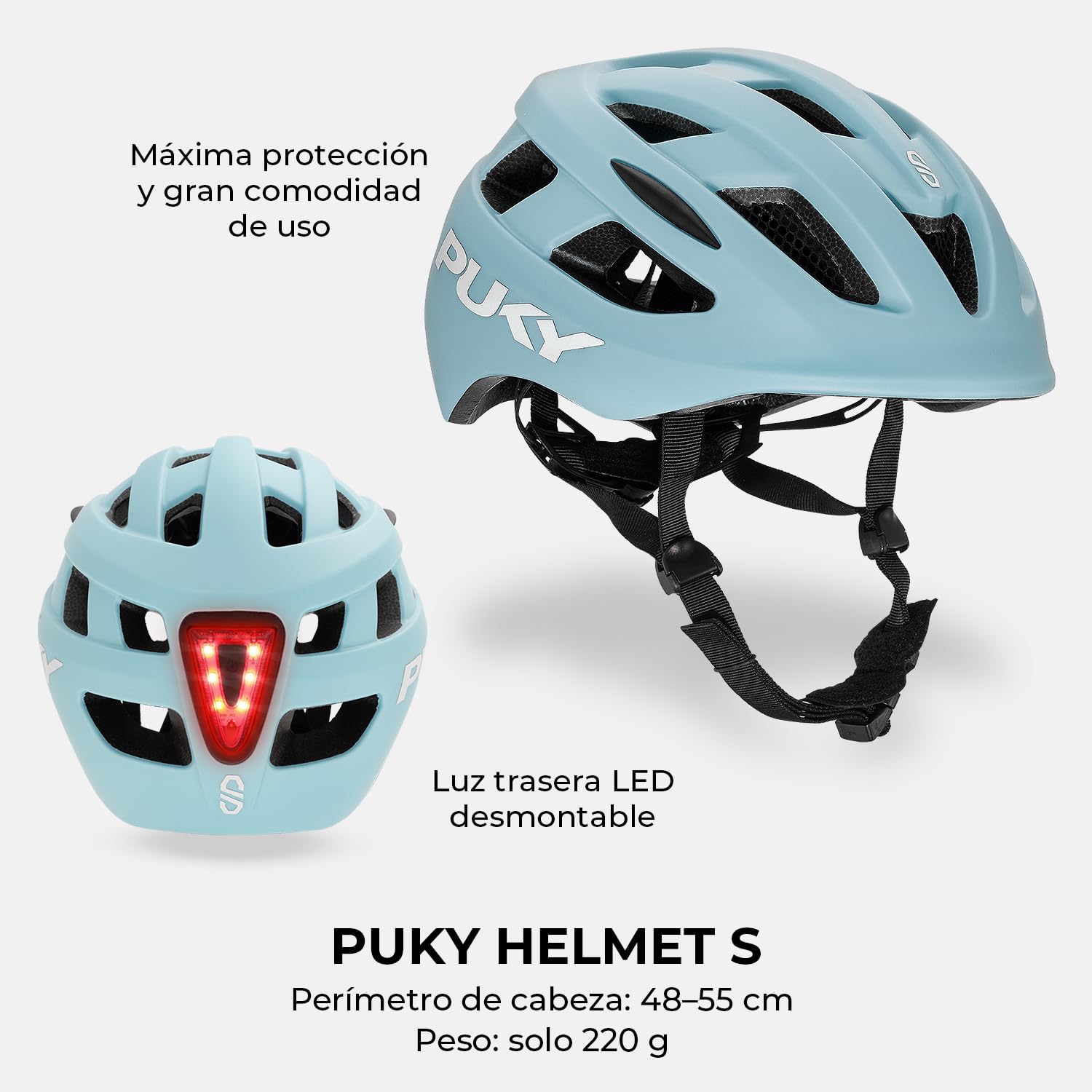 Puky Casco de Bicicleta Infantil de 48 – 55 cm, Peso Ligero 220 g, máxima protección y ventilación, Visibilidad de 360° Mediante módulo de luz, Ideal para Seguridad y Comodidad en la Bicicleta