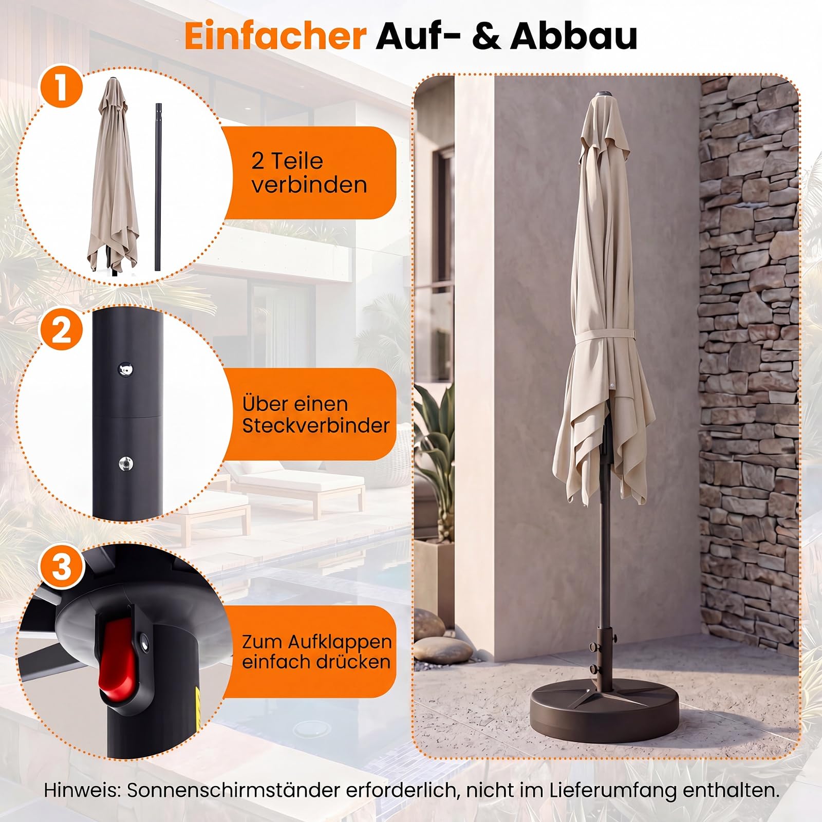 COSTWAY Sonnenschirm Alu 300 x 300 cm, quadratischer Gartenschirm, Terrassenschirm, Marktschirm für Garten, Balkon, Terrasse (Beige)