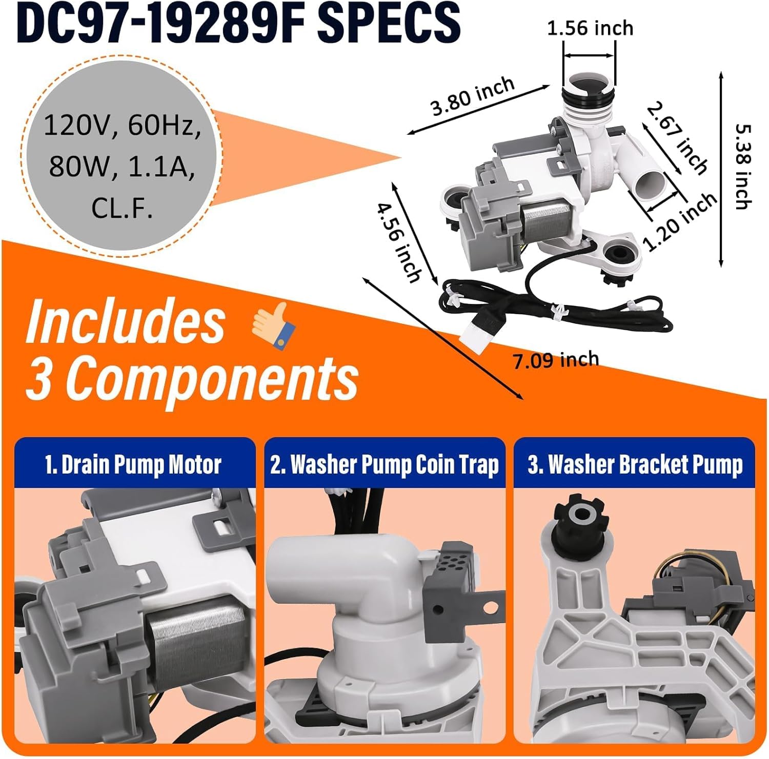 WA52M8650AV/A4 WA52M7750AW/A4 WA45M3100AW/A4 WA44A3405AW WA40A3005AW WA41A3000AW WA44A3205AW Washer Drain Pump Fit for Sam-sung Washers WA40 WA41 WA44 WA45 WA46 WA47 WA50 WA52 Series