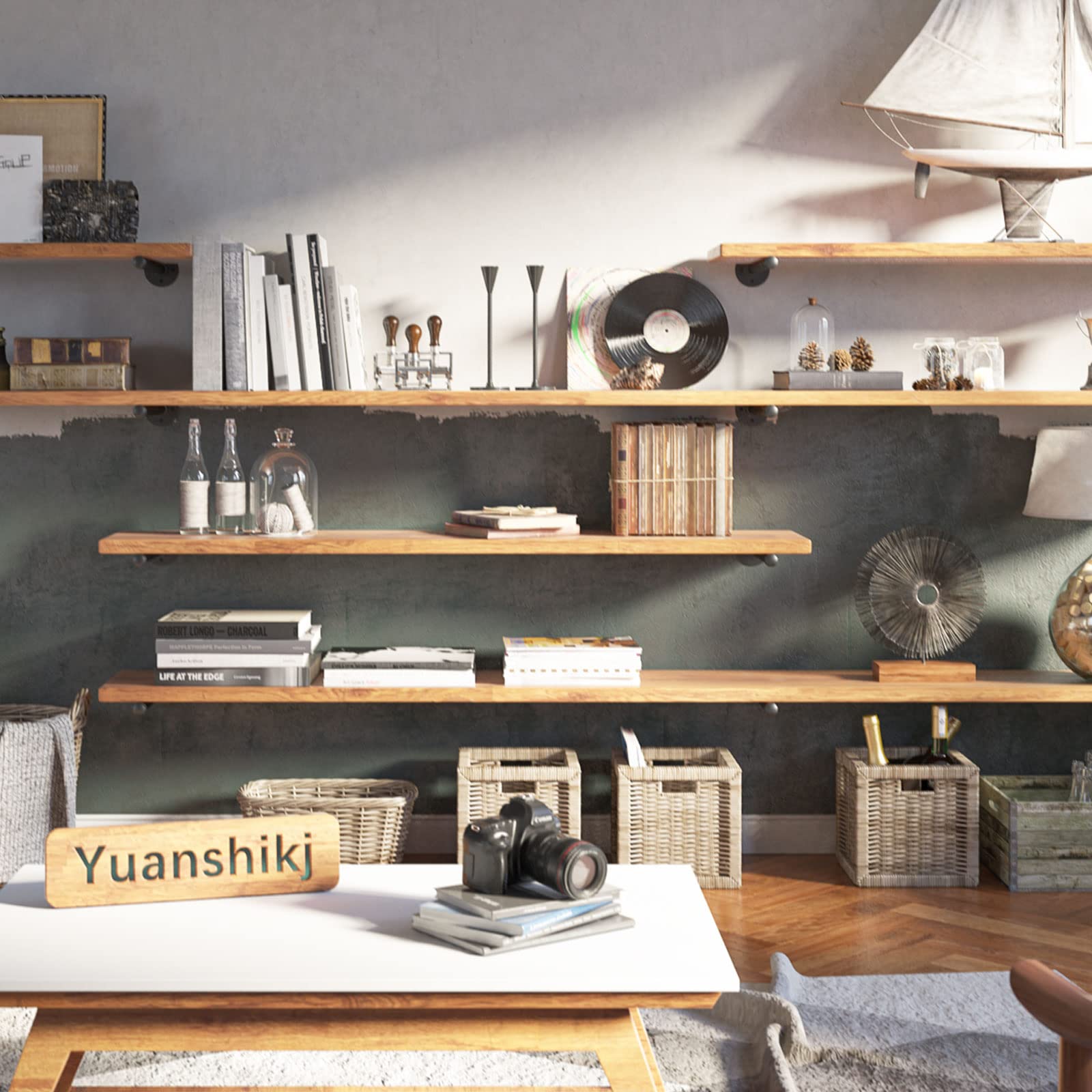 Yuanshikj 4Pc (8" deep 3/4" Pipe) Industrial Wall Mount Iron Pipe Shelf/Shelves/Shelving Bracket Coat Garment Rack/Hooks/Hanger Rustic Black DIY Open Kitchen/Bathroom/Livingroom