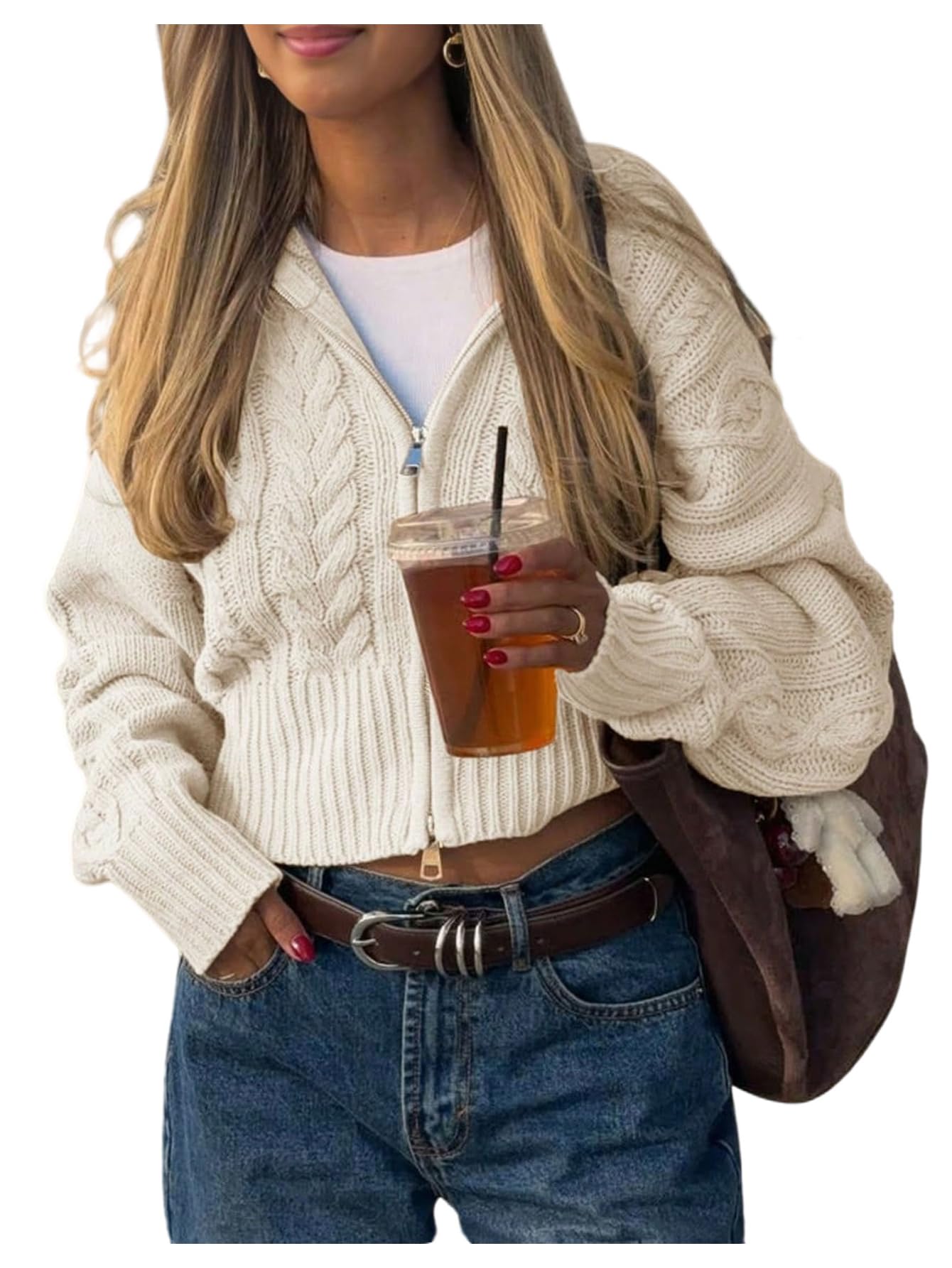 GORGLITTER Womens Cable Knit Cropped Zip Up Sweater Y2k Oversized Long Sleeve Vintage Fall Cozy Cardigans