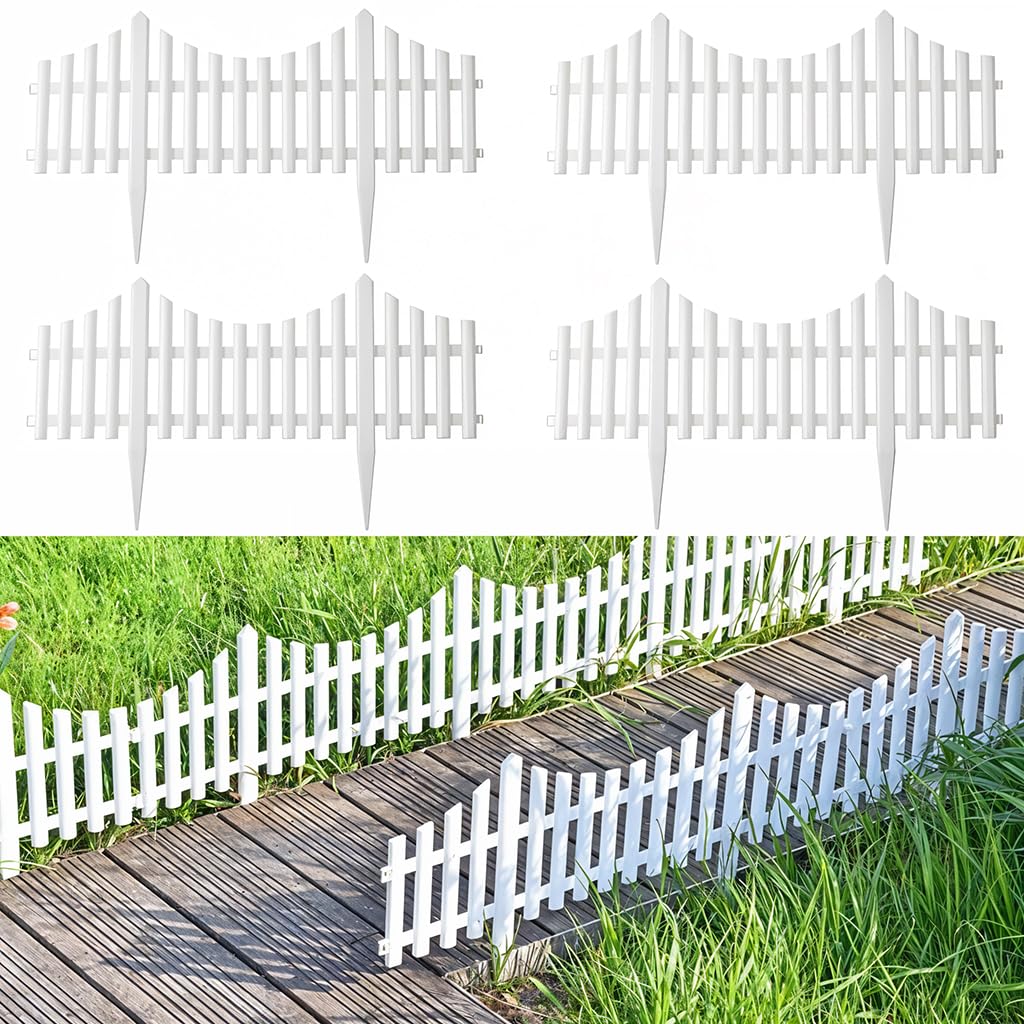 HASTHIP® 4Pcs Outdoor Garden Fence Border, 60x33.5cm Garden Edging Fence Decorative, PVC Plastic Garden Picket Fence Panel, White Decorative Fence for Garden, Decorative Fencing for Pathway, Yard