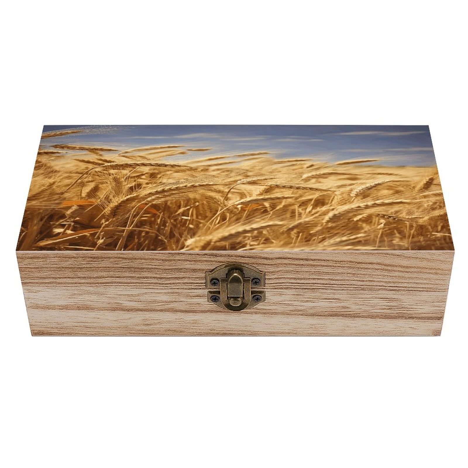 VstaDank Wheat Harvest Wooden Storage Box Wooden Keepsake Box with Hinged Lid Exquisite Solid Wood Decorative Jewelry Case Memory Box for Jewelry Photos Letters Crafts Trinkets