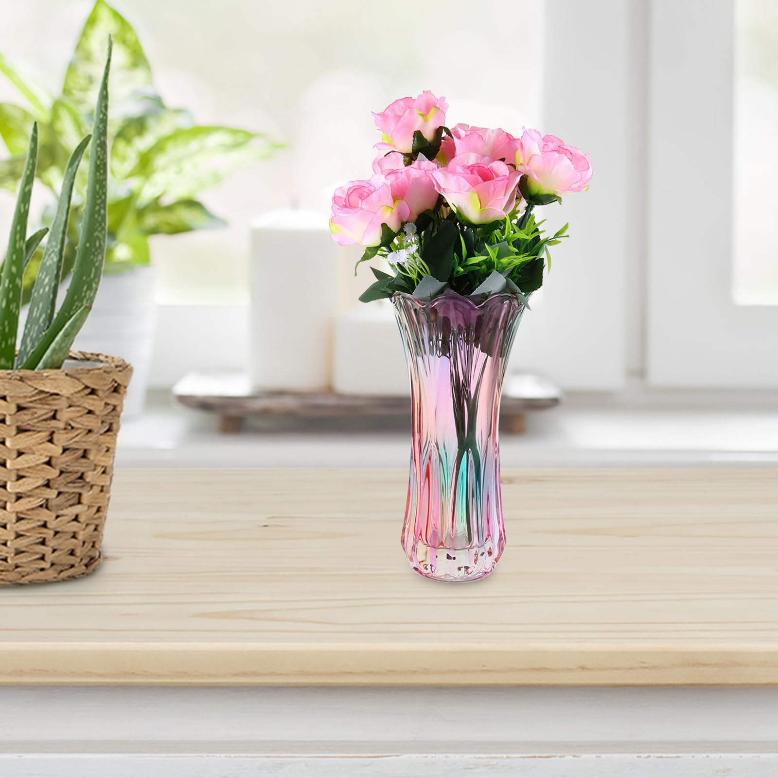 Dekorative Glasvase aus Dickem Kristallglas mit Buntem Federmuster Einfache Stil Blumenvase für Blumen und Grüne Pflanzen als Tisch und Szenendekoration