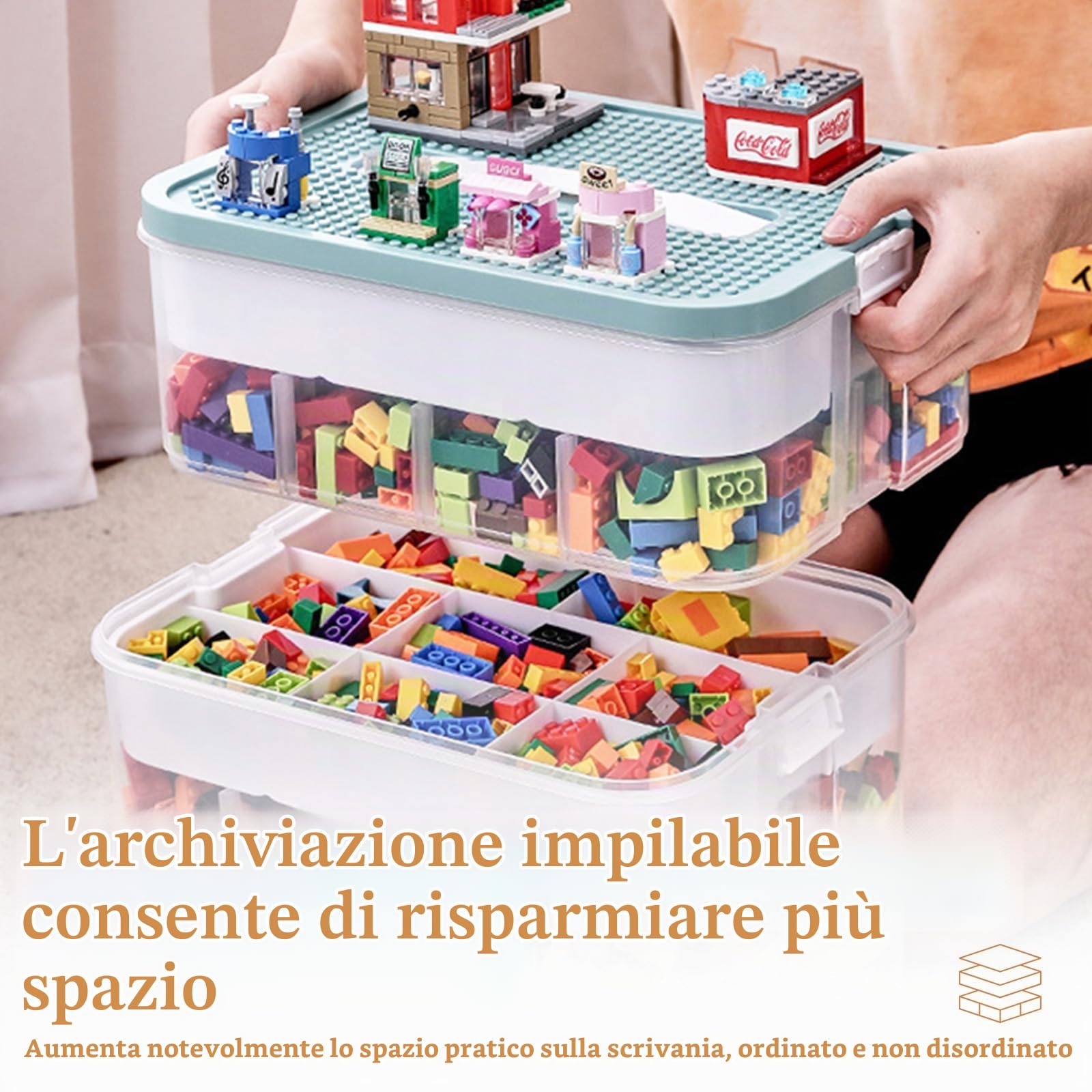 Scatole Plasticaa per Lego, 3 Strati Contenitore Portaoggetti per Giocattoli, Portaoggetti Impilabile in Plastica Trasparente con Scomparti, Per Riporre i Giocattoli Puzzle
