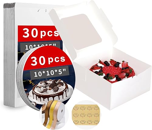 Caja blanca para pasteles de 10 x 10 x 5 pulgadas (60 unidades, 30 cajas y 30 tableros) con tablas para pasteles, cajas de panadería con ventana