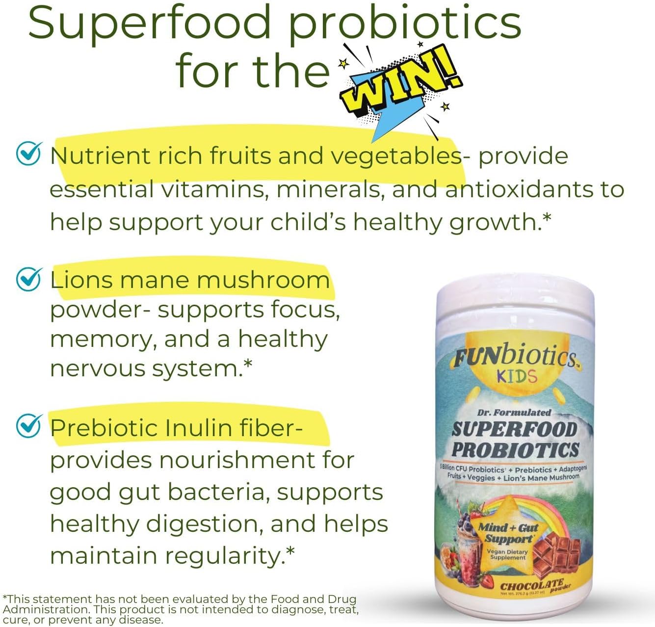 Kids - Dr. Formulated Superfood Probiotic Powder - 5 billion CFU with Prebiotics + Adaptogens + Lion's Mane | Children's Natural Mind & Gut + Immune System Support | Sugar-Free I Chocolate