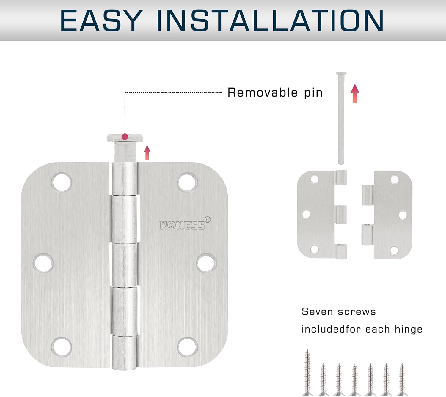 30 Pack Brushed Nickel Door Hinges 3.5 Inch, 5/8" Radius Rounded, Standard Residential for Doors 3 ½",Sturdy Hinges, Interior Hinges