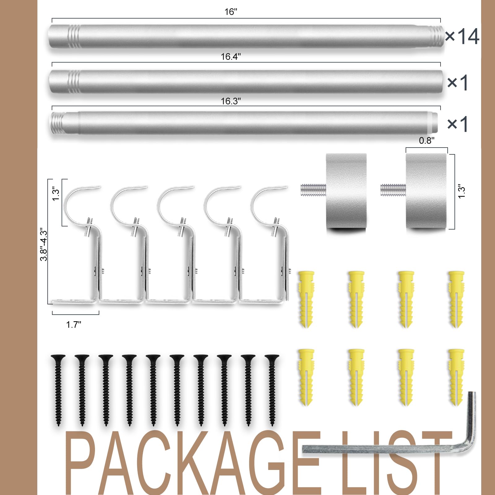 Zeerobee Curtain Rods for Windows 120 to 240, 1 Inch Silver Curtain Rod Set, Heavy Duty Drapery Rods with Adjustable Curtain Rods, Outdoor Modern Curtain Rod with Simple End Caps, 32"-240", Silver