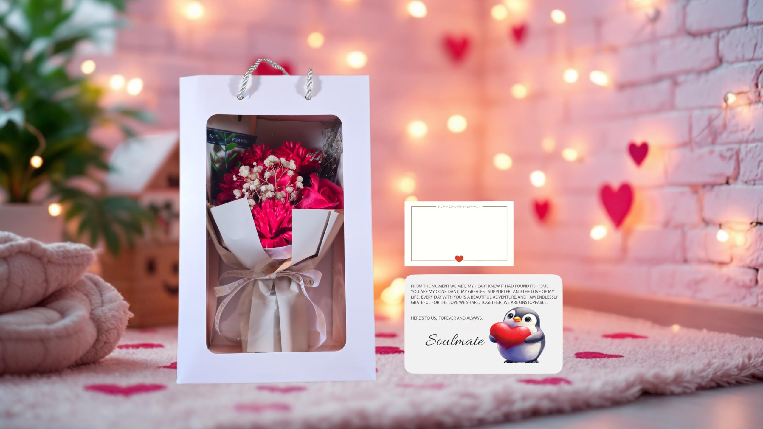 Bouquet de fleurs de savon rose avec carte en aluminium de qualité supérieure « To My Soulmate » - Cadeau idéal pour la Saint-Valentin, un anniversaire ou un anniversaire pour petite amie, épouse,