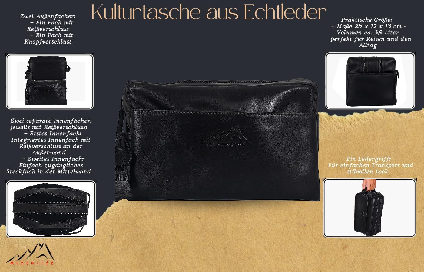 Kulturtasche aus Leder, Elegante Kosmetiktasche für Damen und Herren (Oil Pull-Up, Schwarz)
