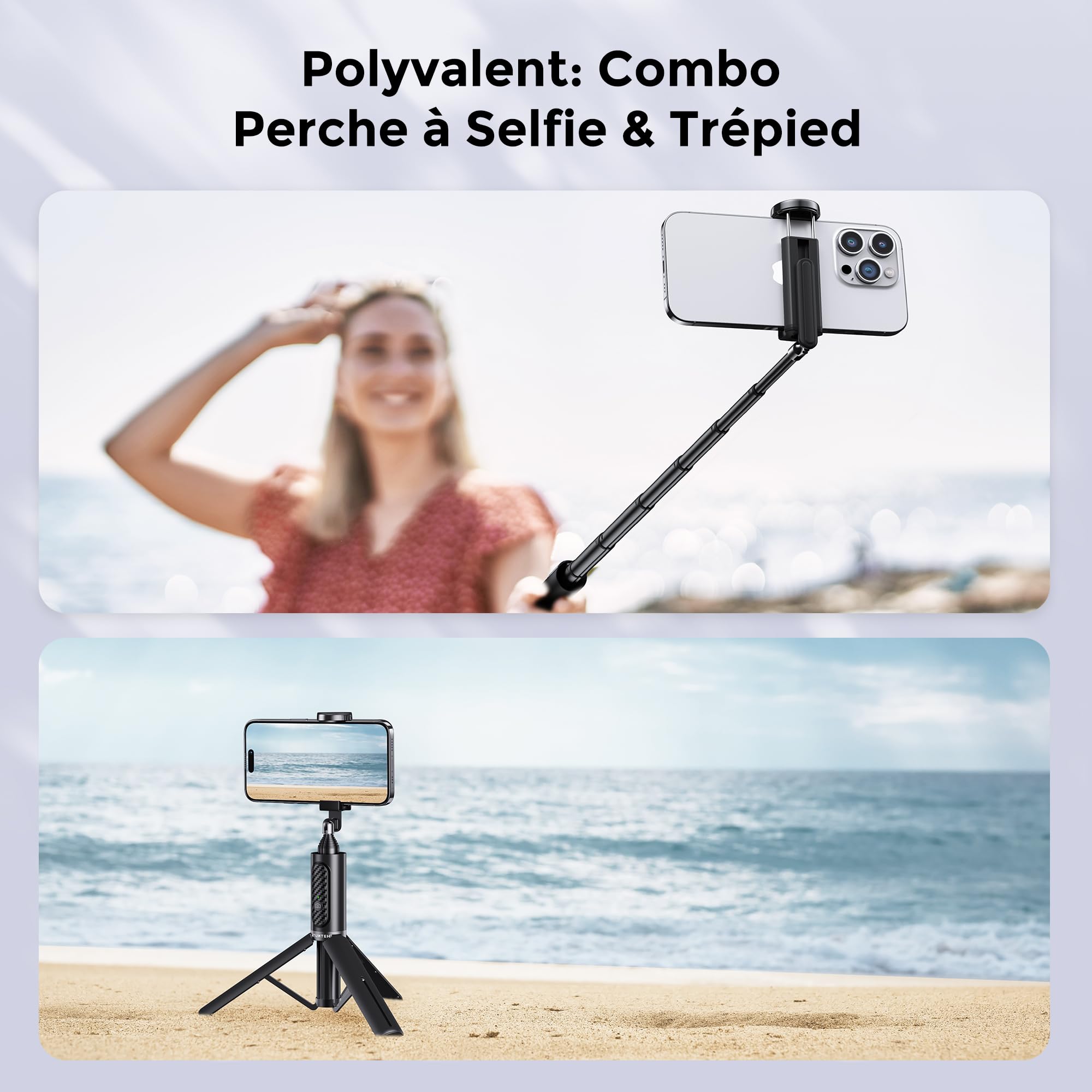 ATUMTEK Trépied Selfie Stick, Trépied Téléphone 3-en-1 Extensible en Aluminium avec Télécommande Bluetooth sans Fil, Compatible avec iPhone 17/16/15/14/13/12 mini/11 Pro et Smartphones Samsung, Noir