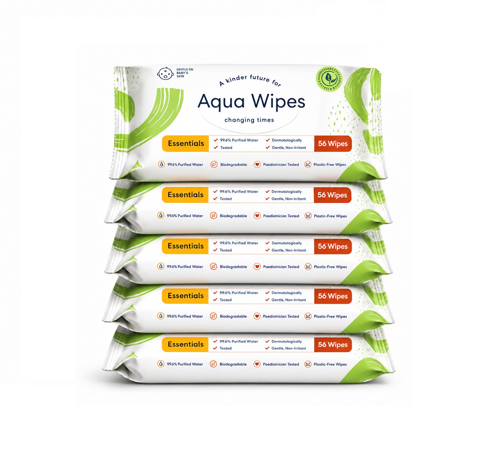 aqua wipes essentials baby wipes – 99.6% water-based biodegradable wipes for sensitive skin – plastic-free |newborn safe (p ack of 5)