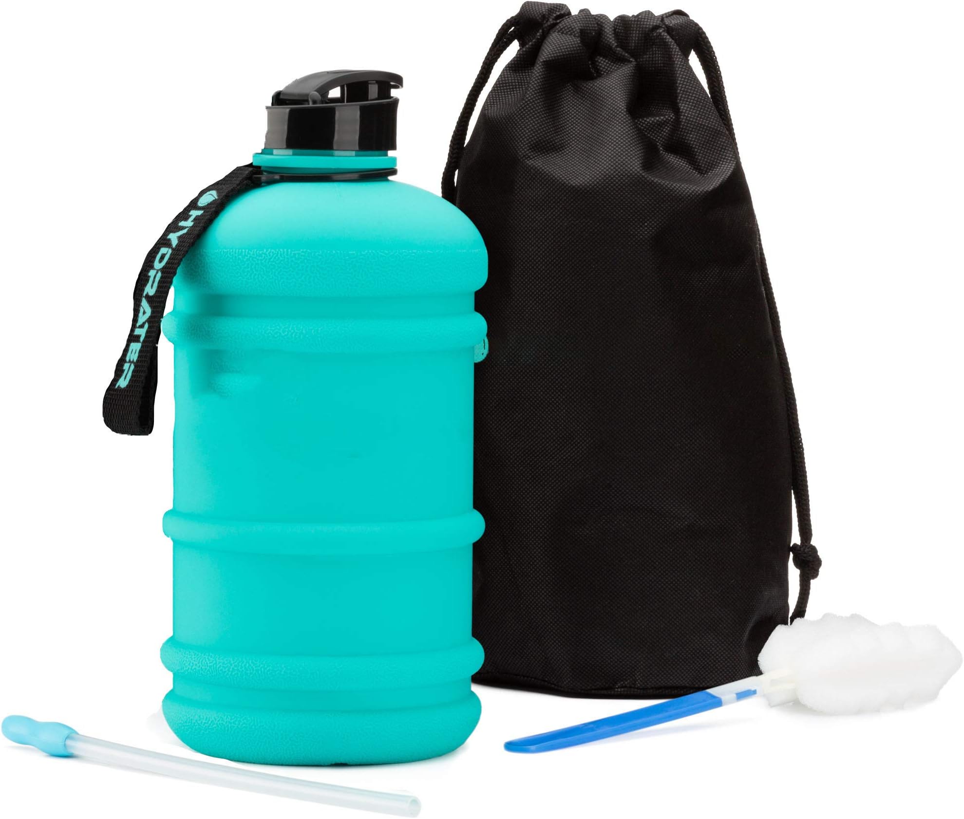 Hydrater Water Bottle 2.2L with Hand Strap, Reusable Large Capacity Sports Water Bottle with Drawstring Bag, Drinking Straw and Cleaning Brush for Outdoor, Running, Hiking, Gym Turquoise