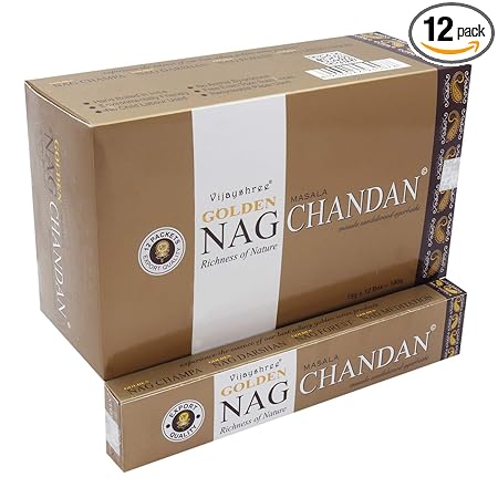 Vijayshree Golden Golden Nag Chandan 12 Pack of 15 g Each Contains 180 Incense Sticks/Natural Agarbatti with Wooden Incense Stand with Brass Work
