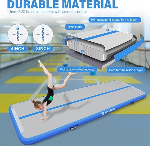 Miniatura 49 de AKSPORT - Colchoneta inflable para gimnasia, con bomba de aire, para el hogar, acrobacias, gimnasio, entrenamiento, animación, parkour, playa, Negro
