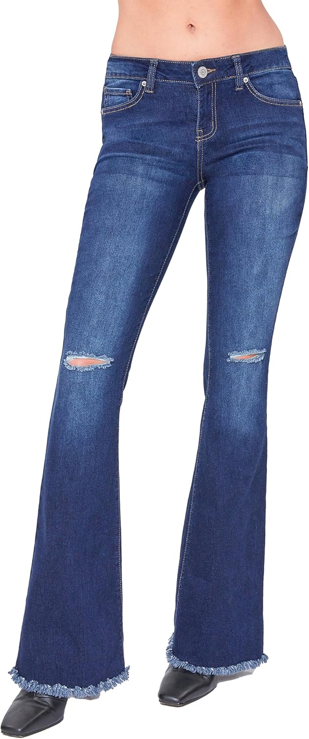 YMI Womens 1-Button Low-Rise Fray Hem Flare