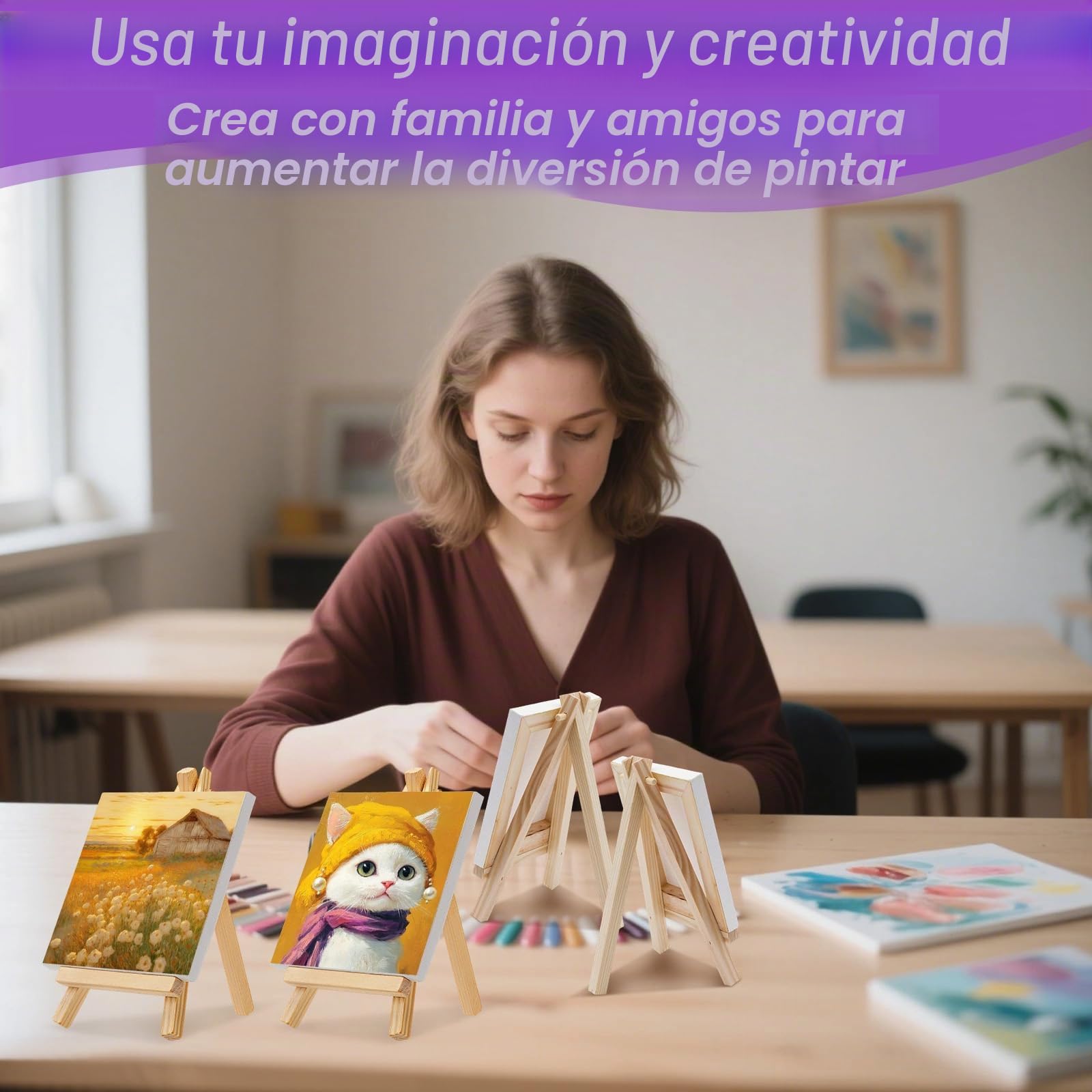 12 Piezas Mini Lienzos con Caballete Madera, Lienzo Blanco Pequeño 10x10 cm, Caballetes Triangular Plegable, Trípode Pinturas para Decoración Mesa, Pintar, Dibujar, Artista & Manualidades