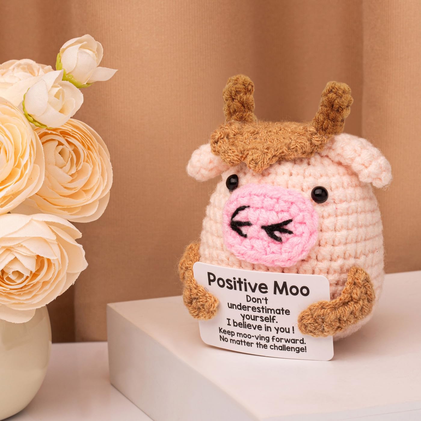AWARDSEN Positive Moo Good Luck Gifts Positive Crochet Animals Exam Good Luck Gifts For Student Anxiety Relief Emotional Support Gift Cute Stuff Inspirational Gift for Women Men Colleague - Image 3