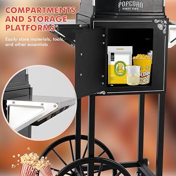 Popcorn Machine with Cart, Wheels & 10 Oz Kettle Popcorn Maker, Movie Theater Popcorn Maker Machine, Home Theater Popcorn Popper Measuring 3 Plastic Spoons