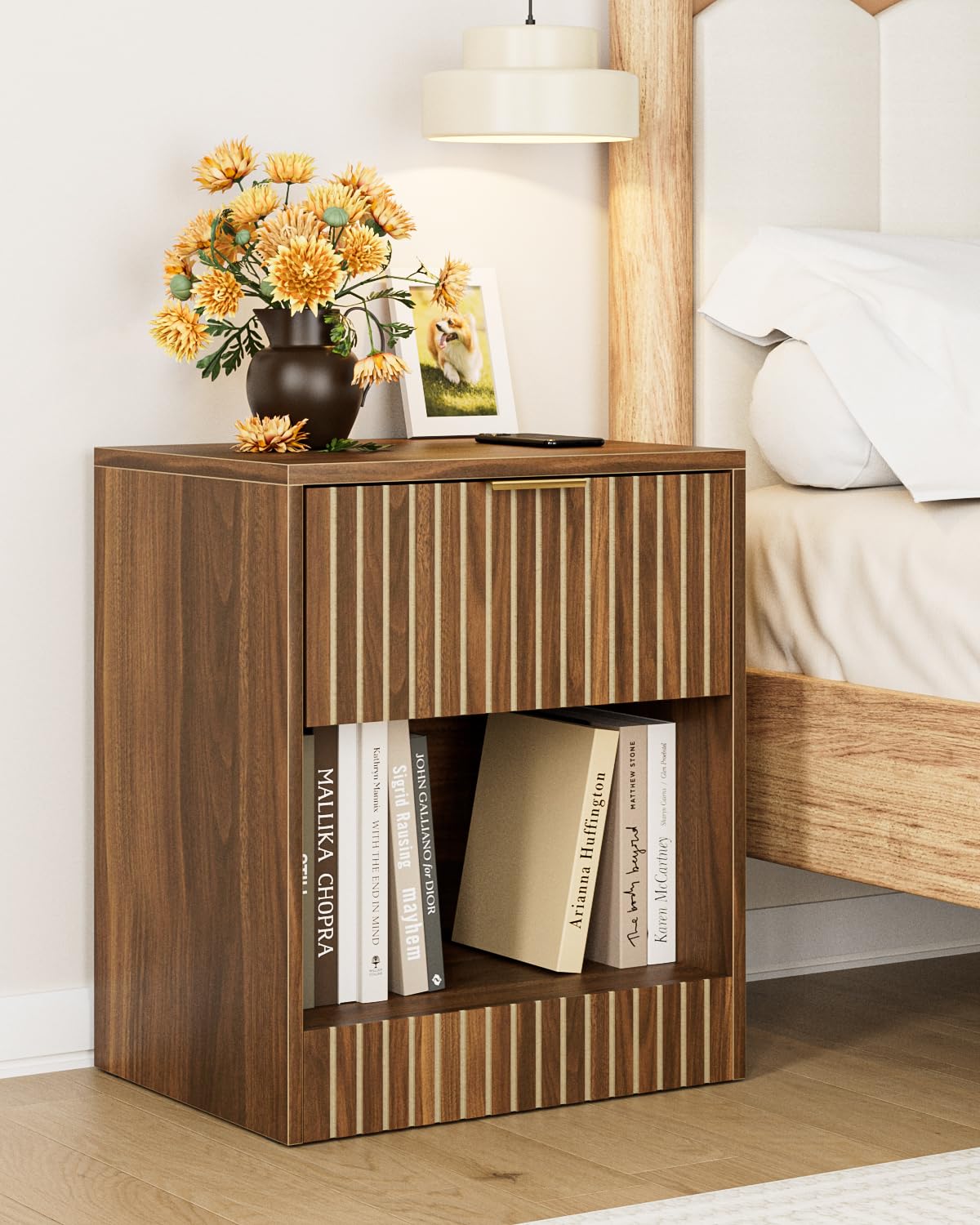 Apetaccat Bedside Table,50x38x60cm, Farmhouse Wooden Bedside Cabinet with Drawer,Kids Bedside Table Nightstand for Bedroom,Living Room,Office,Walnut, Large