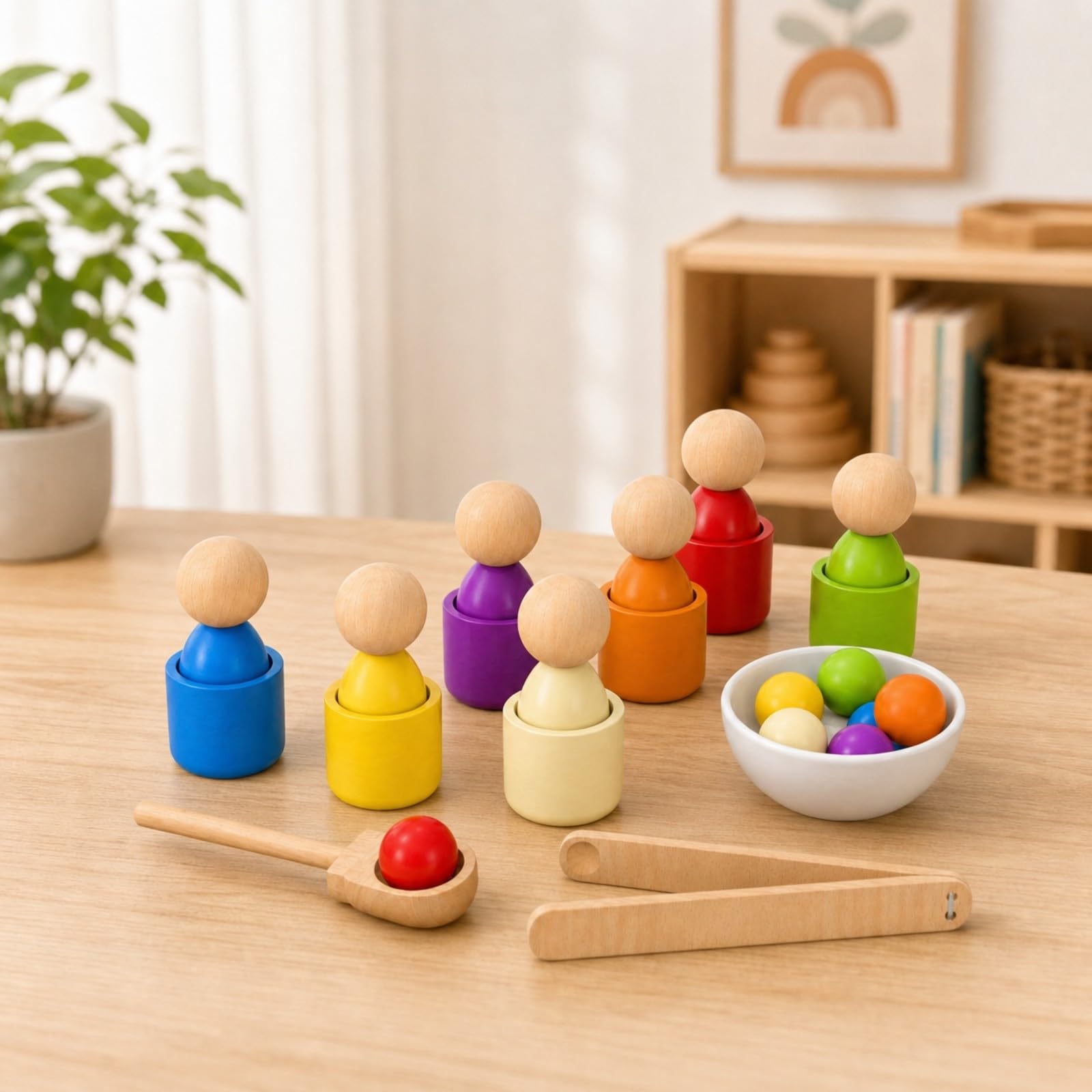 Qianly 7 Pezzi Giocattolo Child-Centered con Tazze e Palline Colorate Adatto Ai Bambini Gioco Educativo con Vassoio, Cucchiaio e Pinze