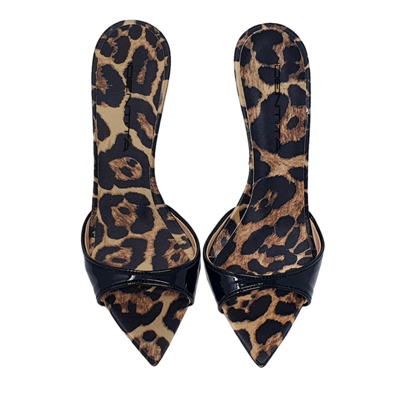 Generico Mules Tacco A Spillo Punta Stretta Punta Aperta Senza Retro Facili da Indossare Tacco Alto Scarpe Eleganti Tomaia Liscia Design Leopardato Festa Sera