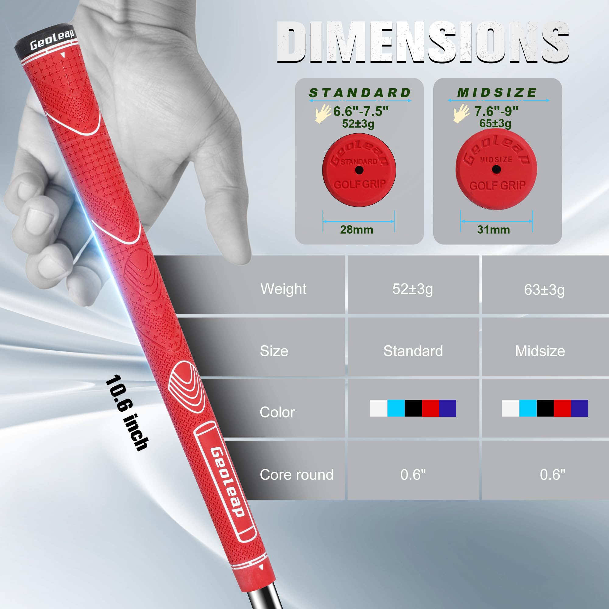 Geoleap Set di 13 impugnature da golf in gomma, con 15 nastri e impugnature con tutti i kit di riparazione a scelta, antiscivolo e ammortizzante, design con motivo a pollice, prestazioni per tutte le