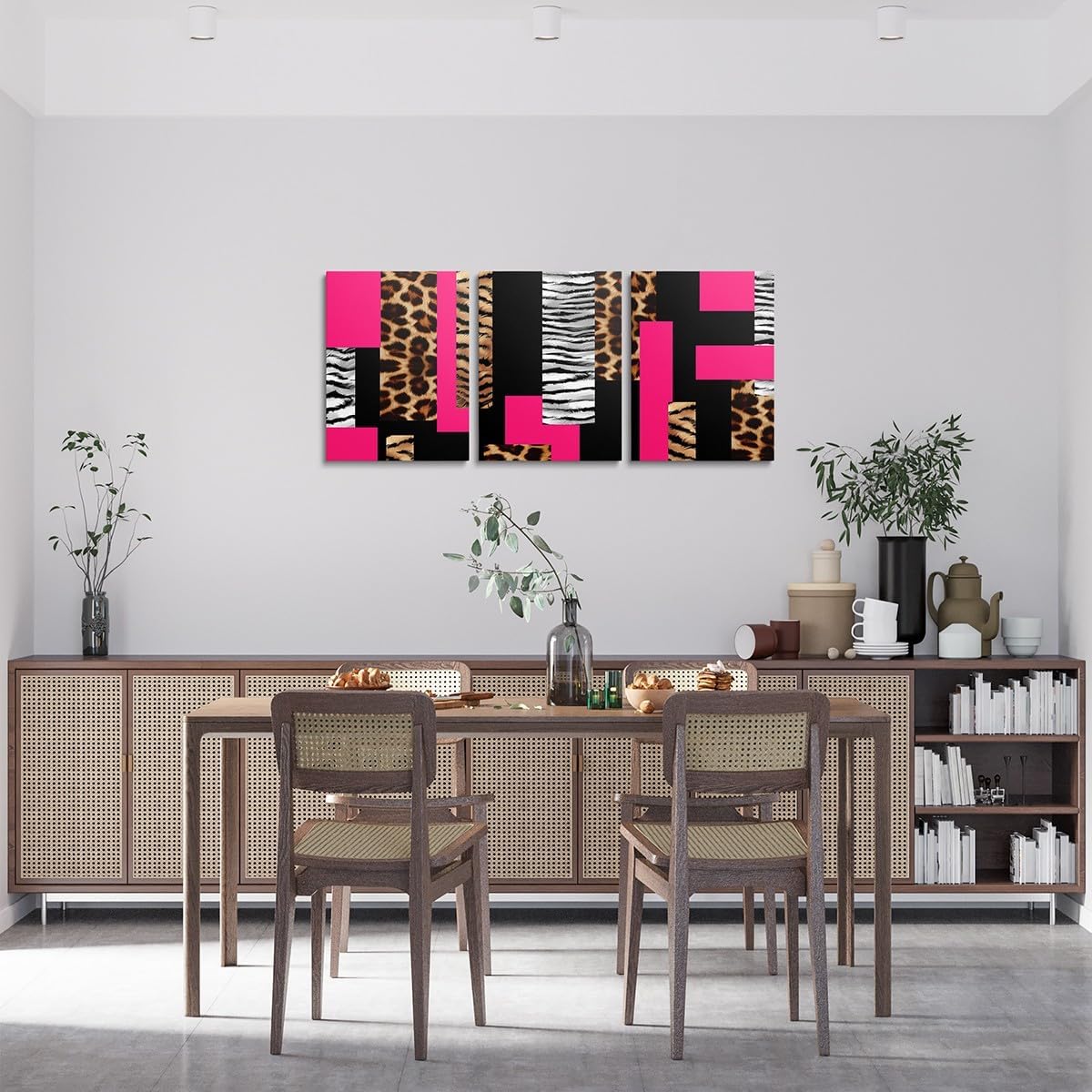 Leopard 3 Piece Canvas Wall Art for Living Room Cheetah Hot Pink Black Office Wall Decor Artwork Posters 12"x16"x3pcs Animal Fur Print Bathroom Wall Art for Home Decor Safari Wall Painting Zebra