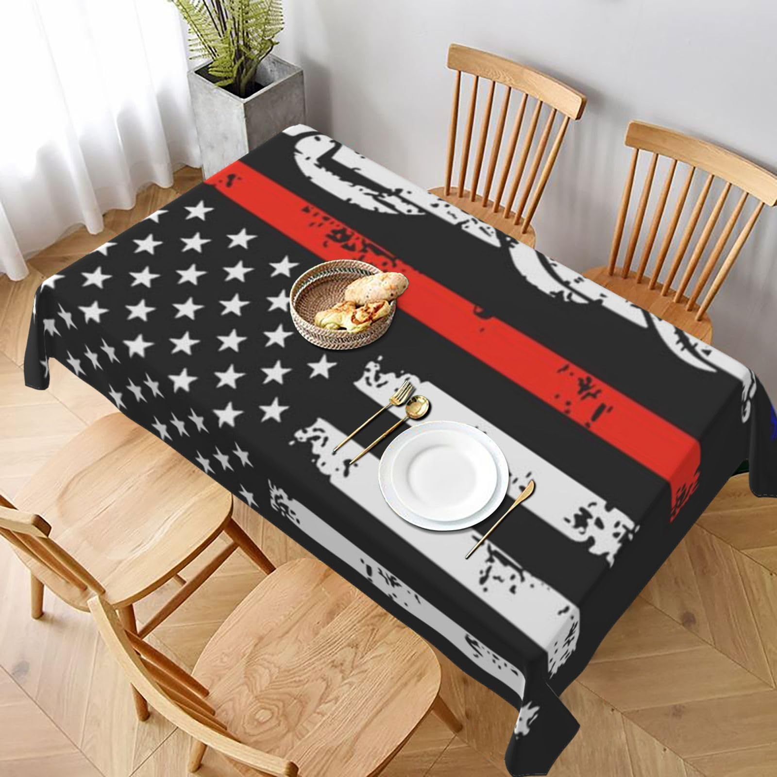 BNVSADC Red Stripe Firefighter USA Flag Printed Rectangle Tablecloth 228x152 CM, Water Resistant Polyester Table Cloth Decorative Fabric Table Covers for Kitchen Dining Table Parties Camping