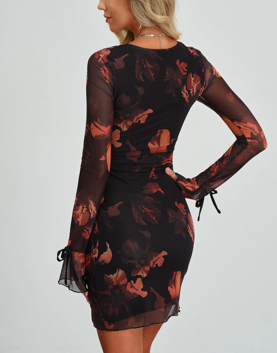 HYPERFIRE Women's Mesh Long Sleeve Square Neck Split Hem Party Club Cocktail Bodycon Mini Dress