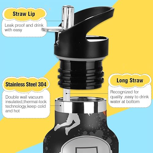 Miniatura 3 de Water Bottle for Kids with Straw Leakproof Insulated Water Bottle 20oz, BPA-Free, Orange Basketballs