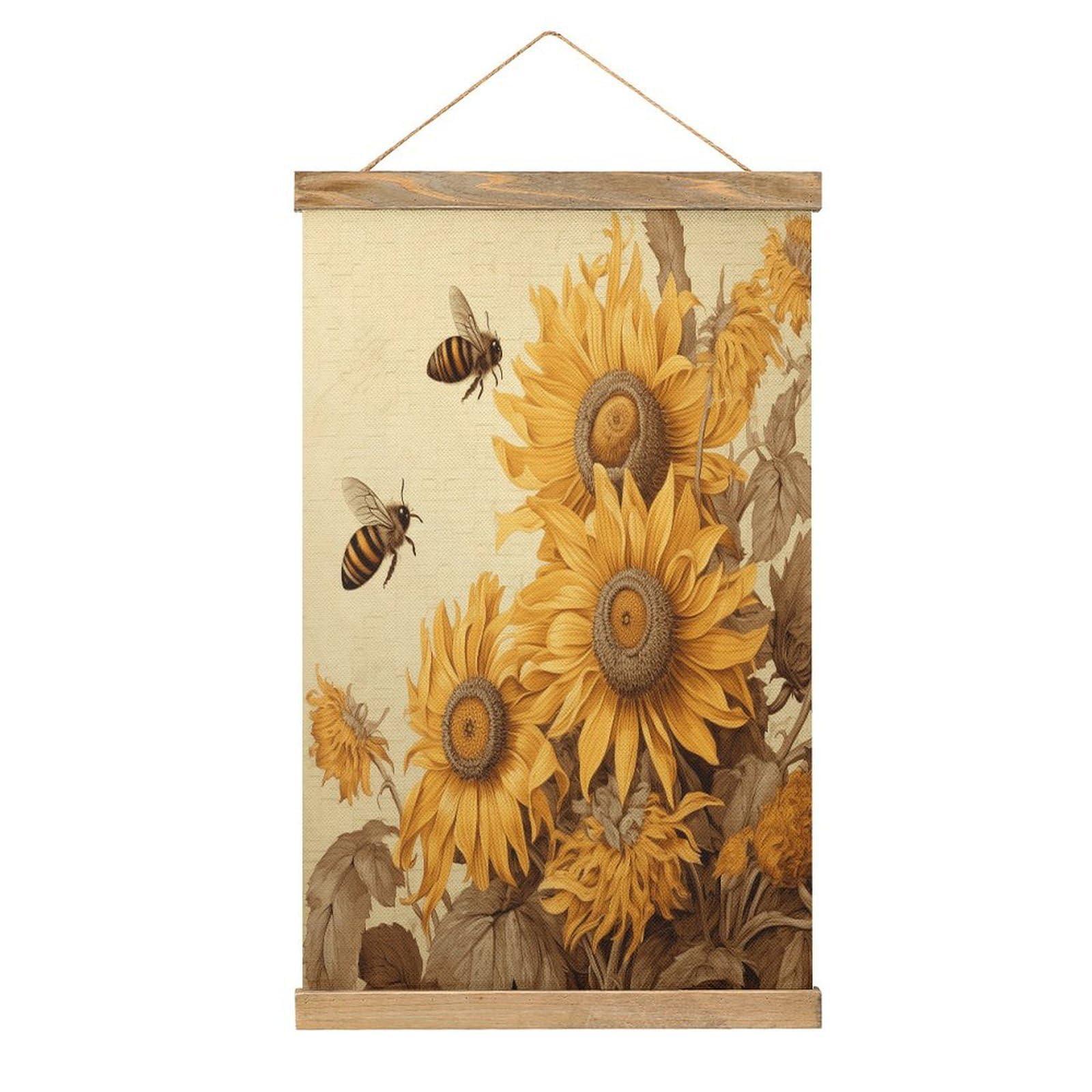VstaDank Bees And Sunflowers on Old Paper Hanging Poster with Wooden Frame Modern Linen Hanging Painting Retro Style Wall Decor Art Painting for Living Room,Bedroom Decor Poster Frame 20.4x13.1inch