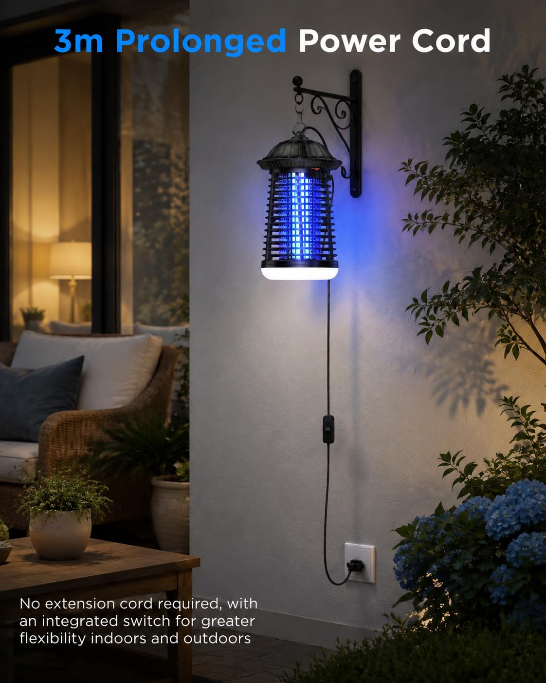 Lampa przeciw komarom, kabel 3 m, pułapka na komary 4200 V, do użytku wewnątrz i na zewnątrz