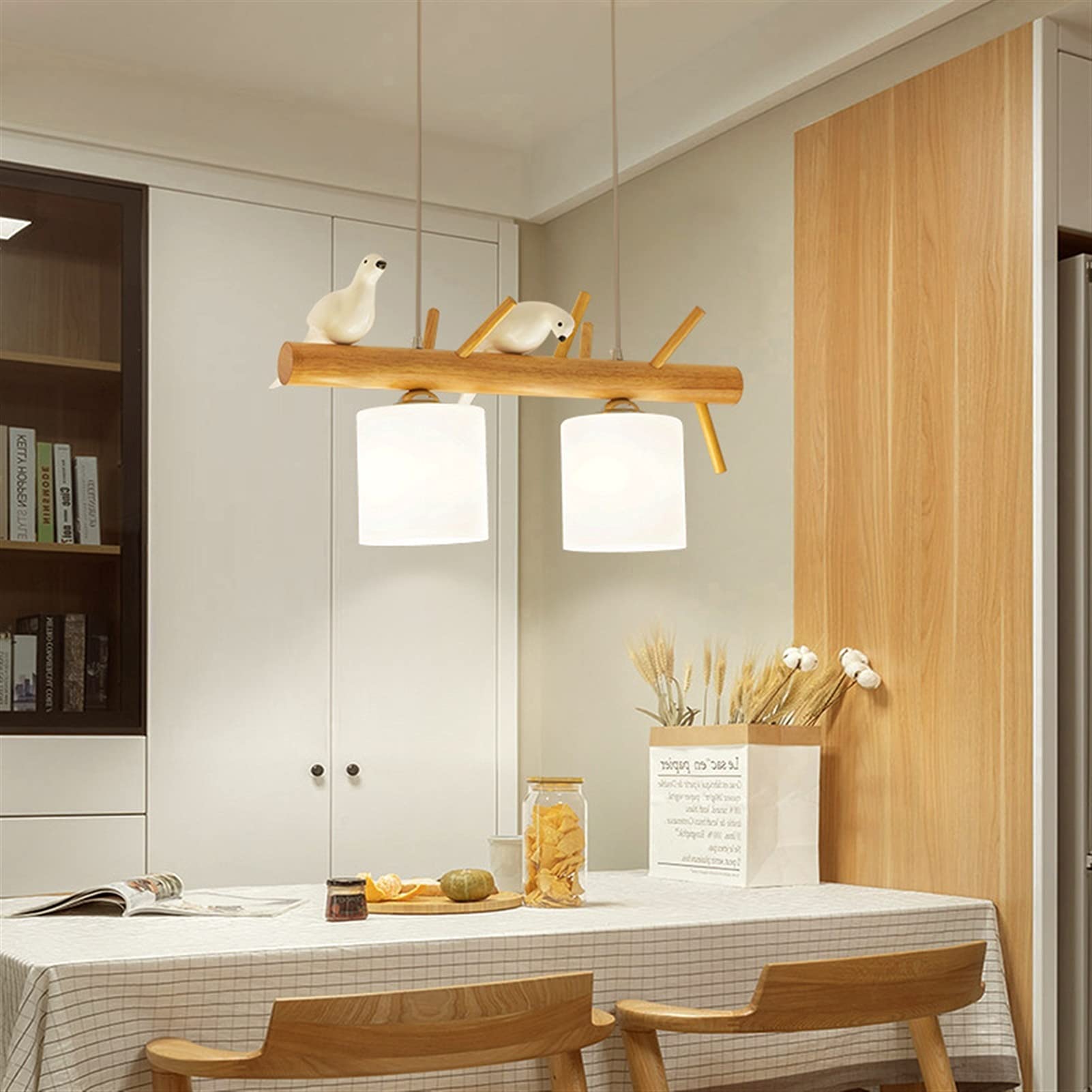 Lustre en bois massif haut de gamme et verre blanc, luminaire suspendu LED 2 têtes 60cm