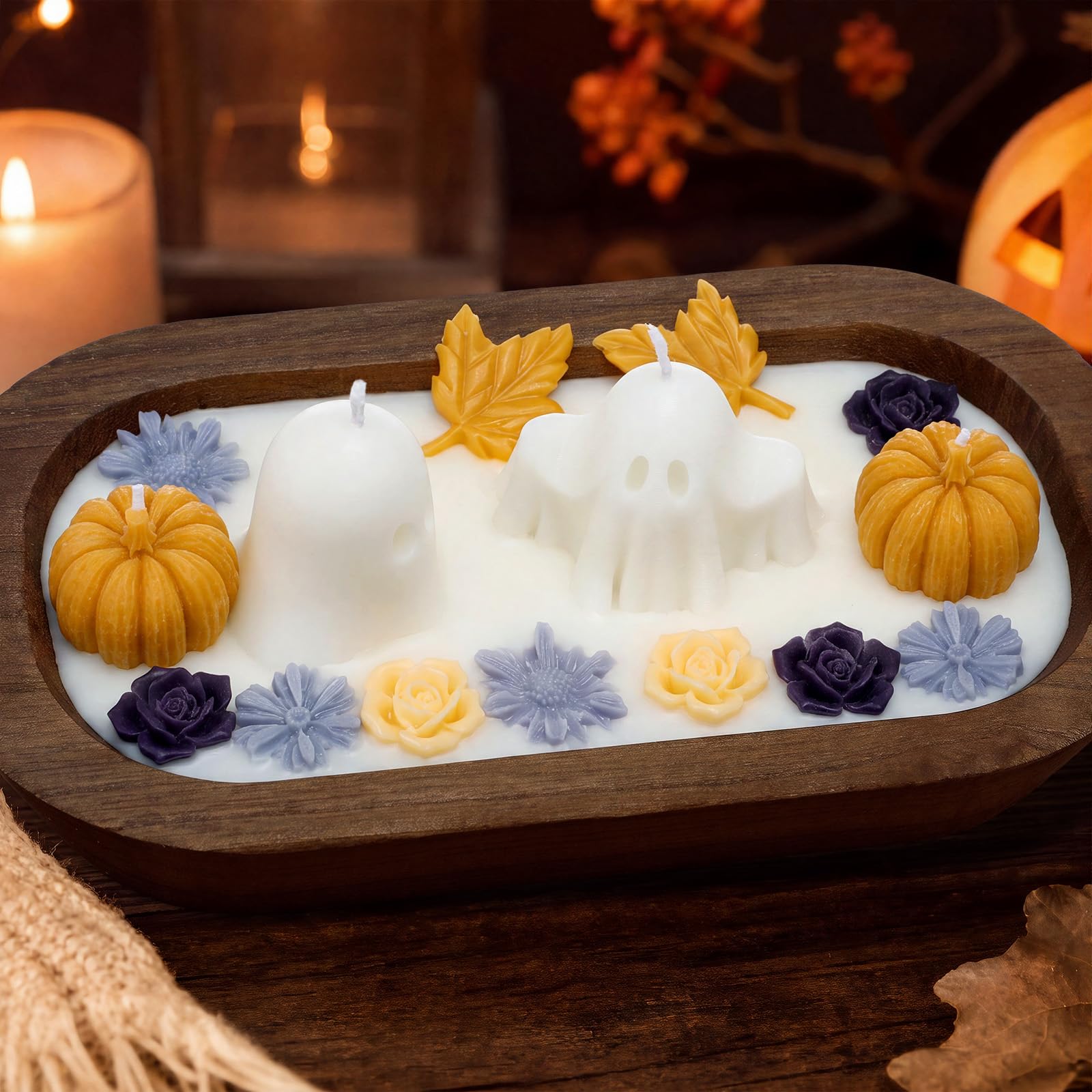 Siifert Vela de madera para Halloween con forma de cuenco de masa de fantasma, 3 mechas perfumadas con 100% cera de soja, decoraciones navideñas, decoración espeluznante de habitación