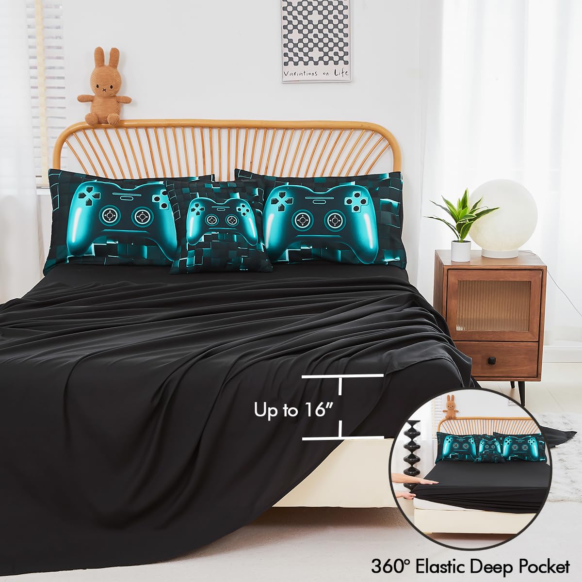 Tasselily Game Console Comforter Set – Blue Geometric Full Size Bedding, 6 Piece Bag