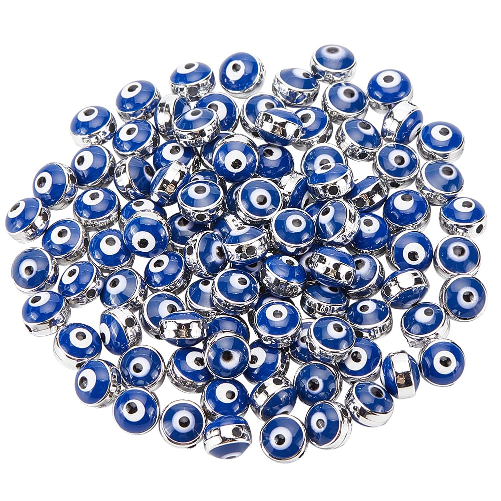 NBEADS 100 Pcs Enamel Evil Eye Beads, 8mm Flat Round With Silver Edge Turkish Spacer for Jewelry Making DIY Necklace Bracelet Earring Crafts