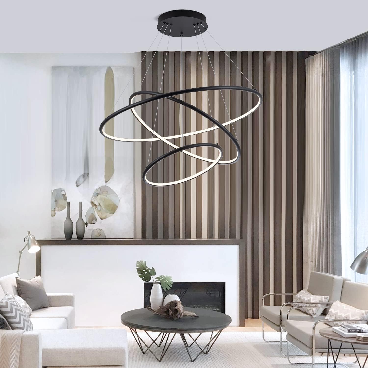 Amаzіng 🔥 Royal Pearl Black Modern Led Chandelier Lighting 3 Rings Pendant Light Ceiling Dining Room Chandelier Contemporary Adjustable Circular Pendant Ceiling Light Fixture for Bedroom Living Room, 3000K Warm
